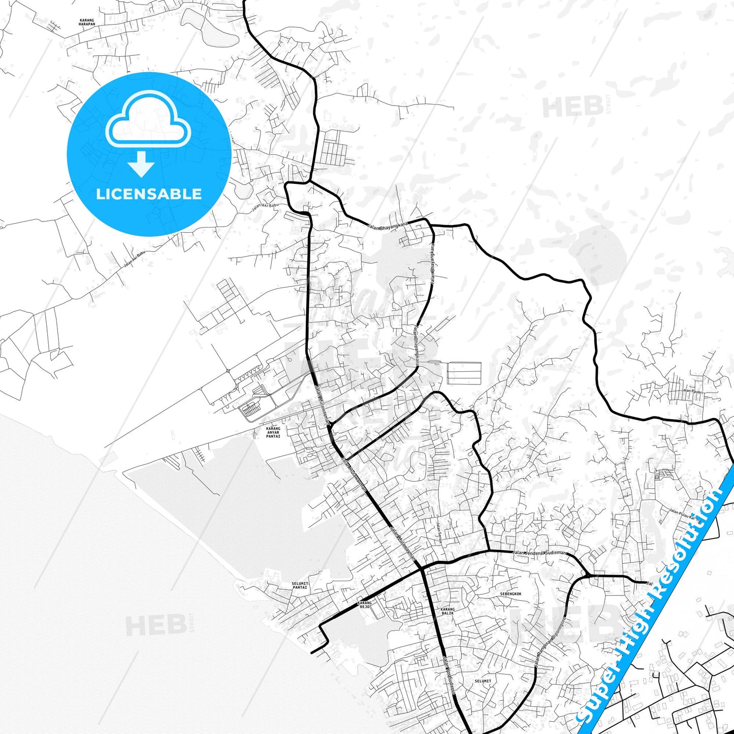 Tarakan, Indonesia Light Map with Street Names, City Names, and Districts