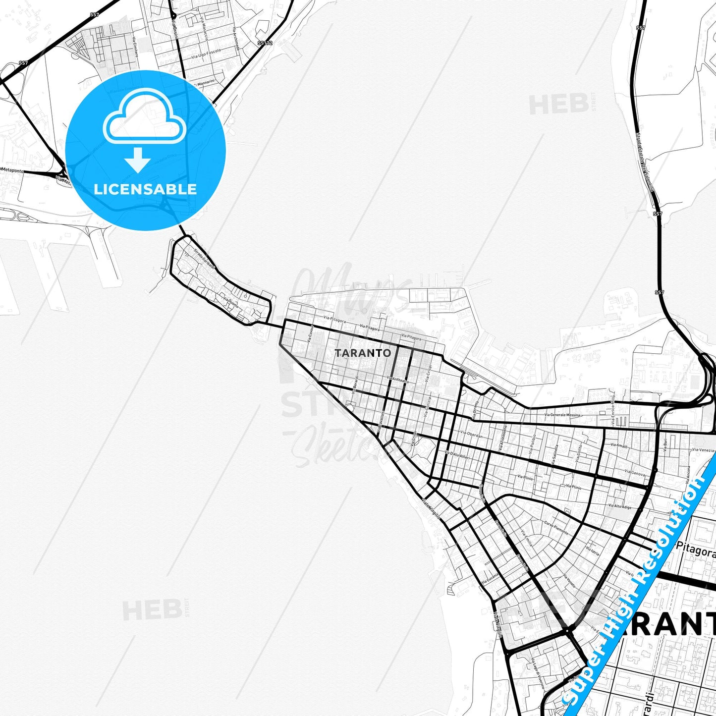 Taranto, Italy Light Map with Street Names, City Names, and Districts