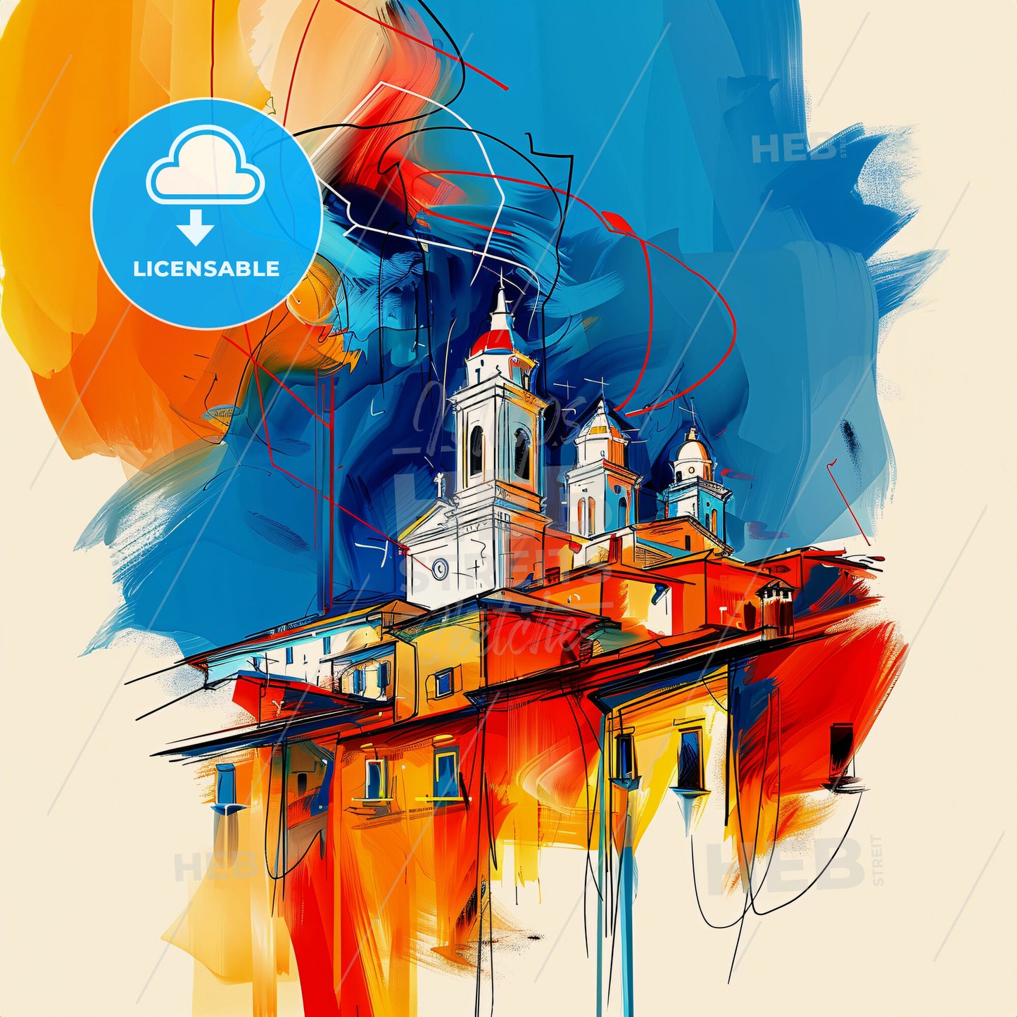 Vibrant Taranto , Italy - A Painting Of A Building With A Tower