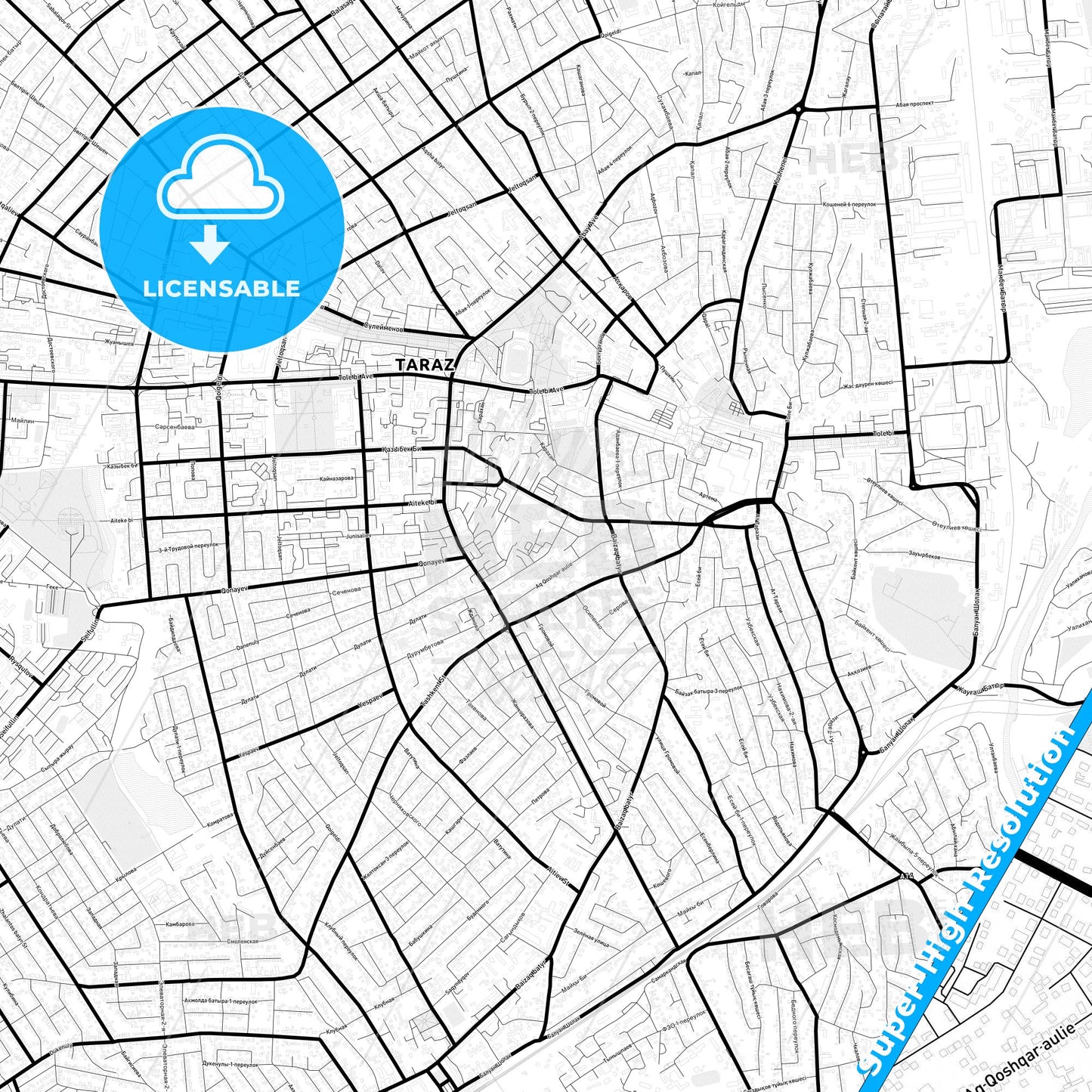 Taraz, Kazakhstan Light Map with Street Names, City Names, and Districts