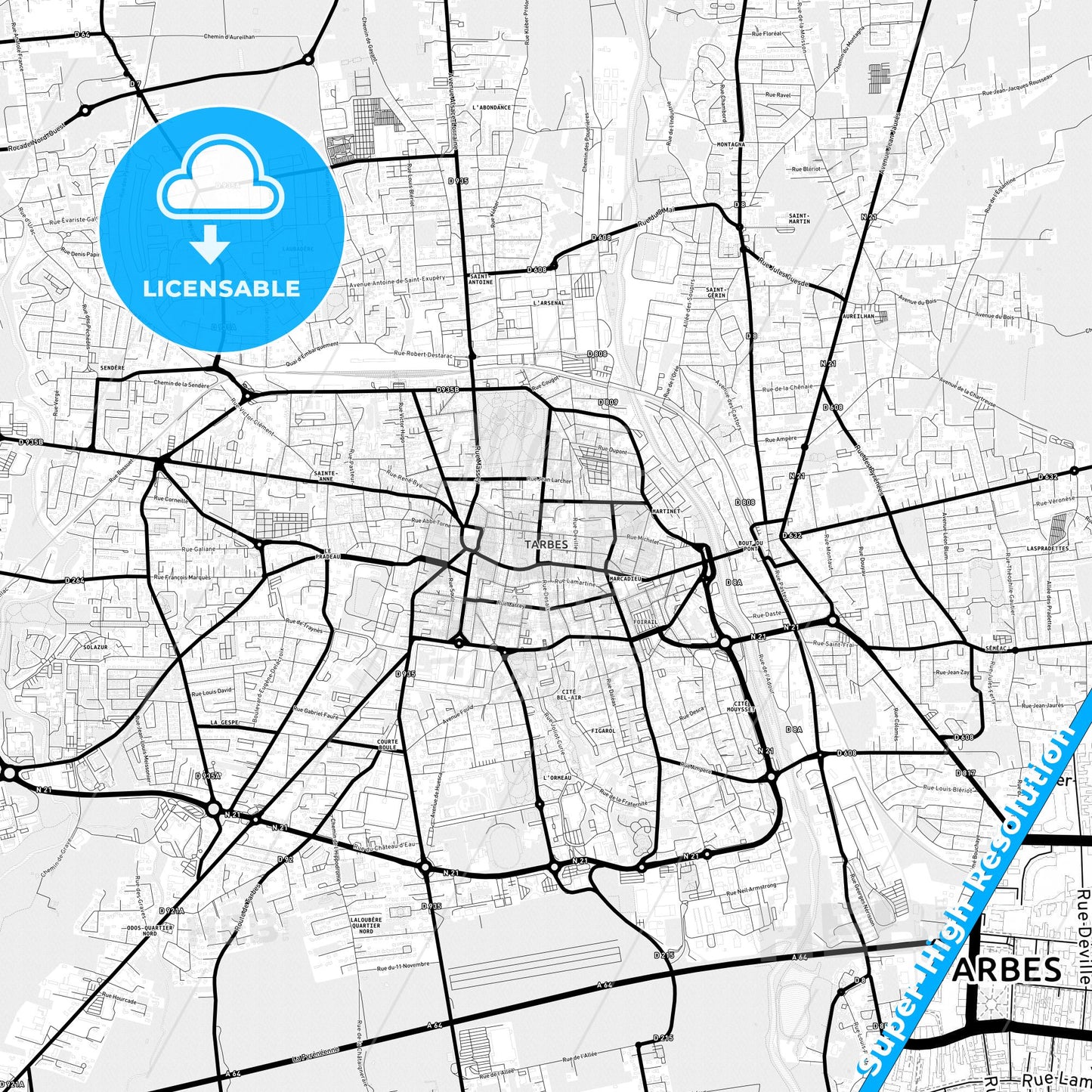 Tarbes, France Light Map with Street Names, City Names, and Districts