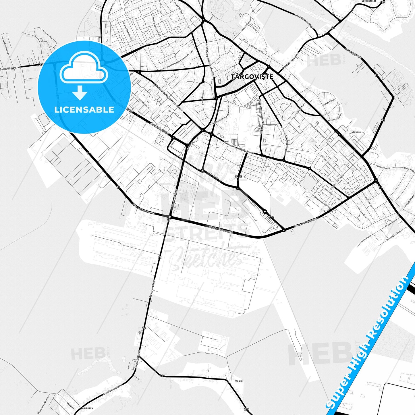 Târgoviște, Romania Light Map with Street Names, City Names, and Districts
