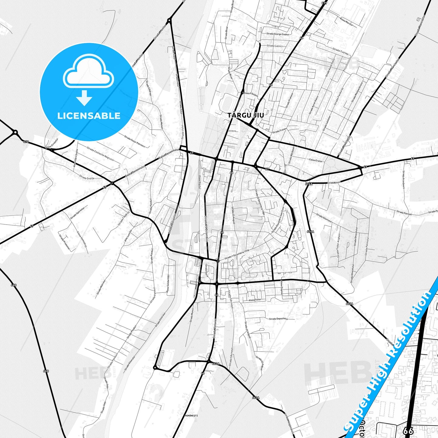 Târgu Jiu, Romania Light Map with Street Names, City Names, and Districts