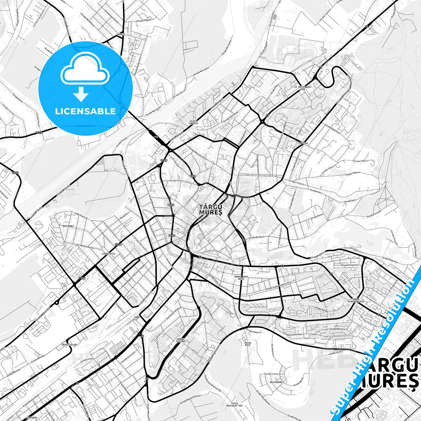 Târgu Mureș, Romania Light Map with Street Names, City Names, and Districts
