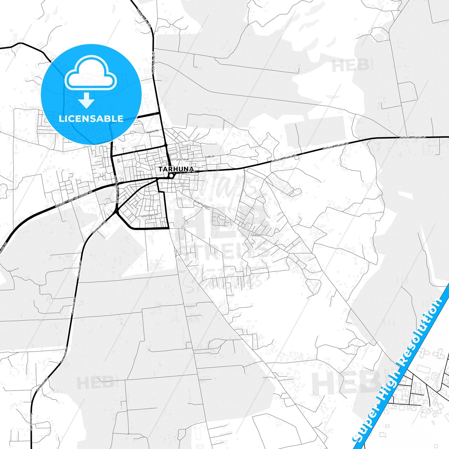 Tarhuna, Libya Light Map with Street Names, City Names, and Districts