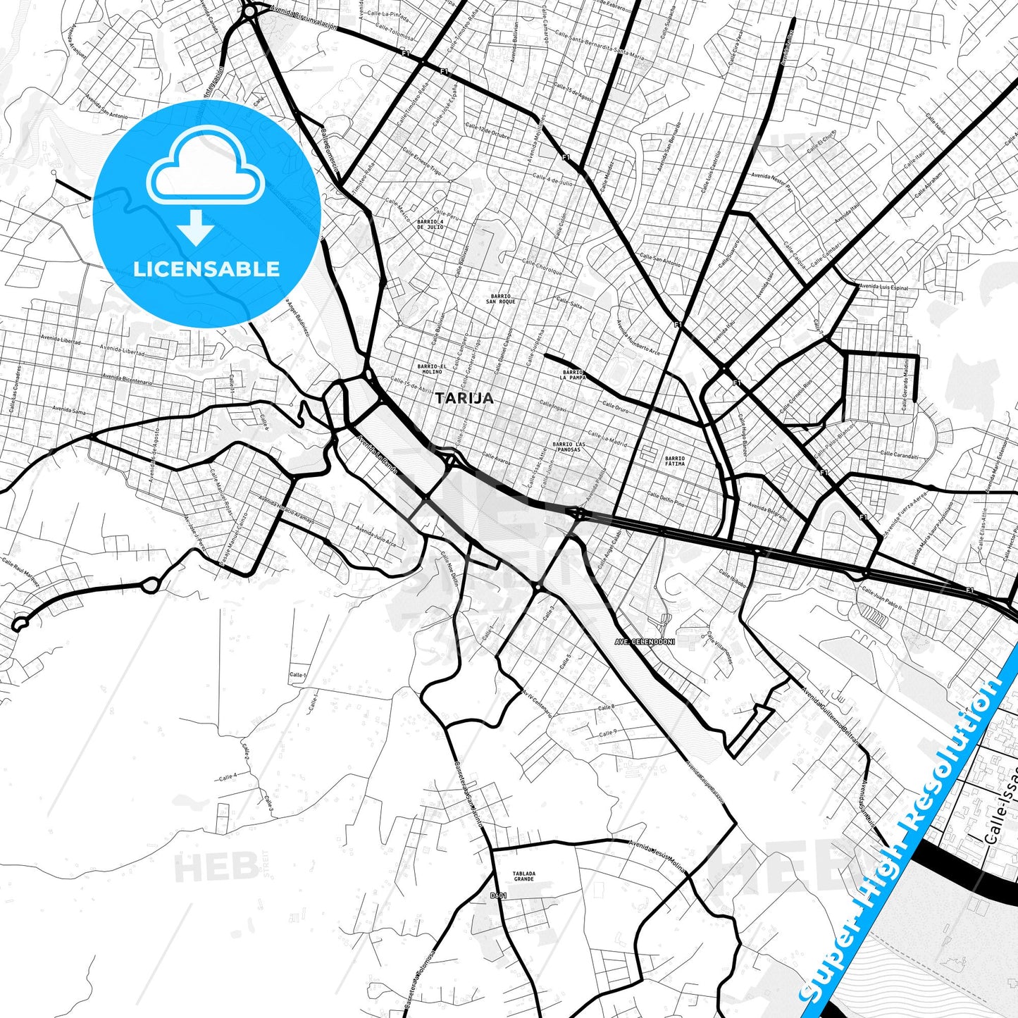 Tarija, Bolivia Light Map with Street Names, City Names, and Districts