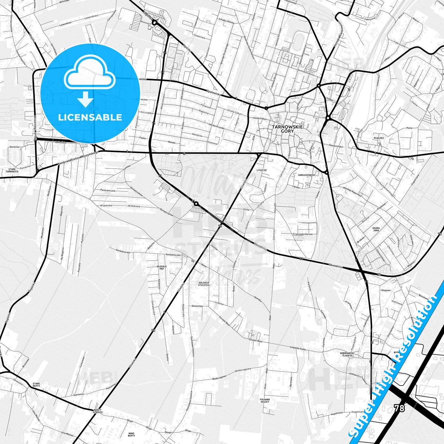 Tarnowskie Góry, Poland Light Map with Street Names, City Names, and Districts