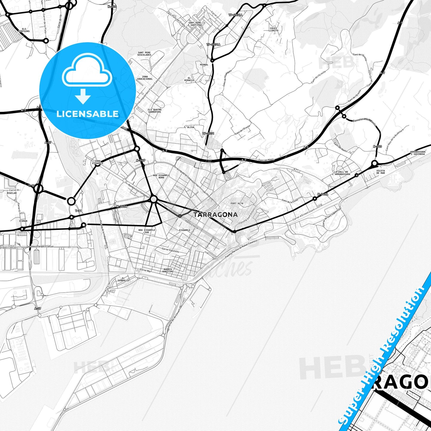 Tarragona, Spain Light Map with Street Names, City Names, and Districts
