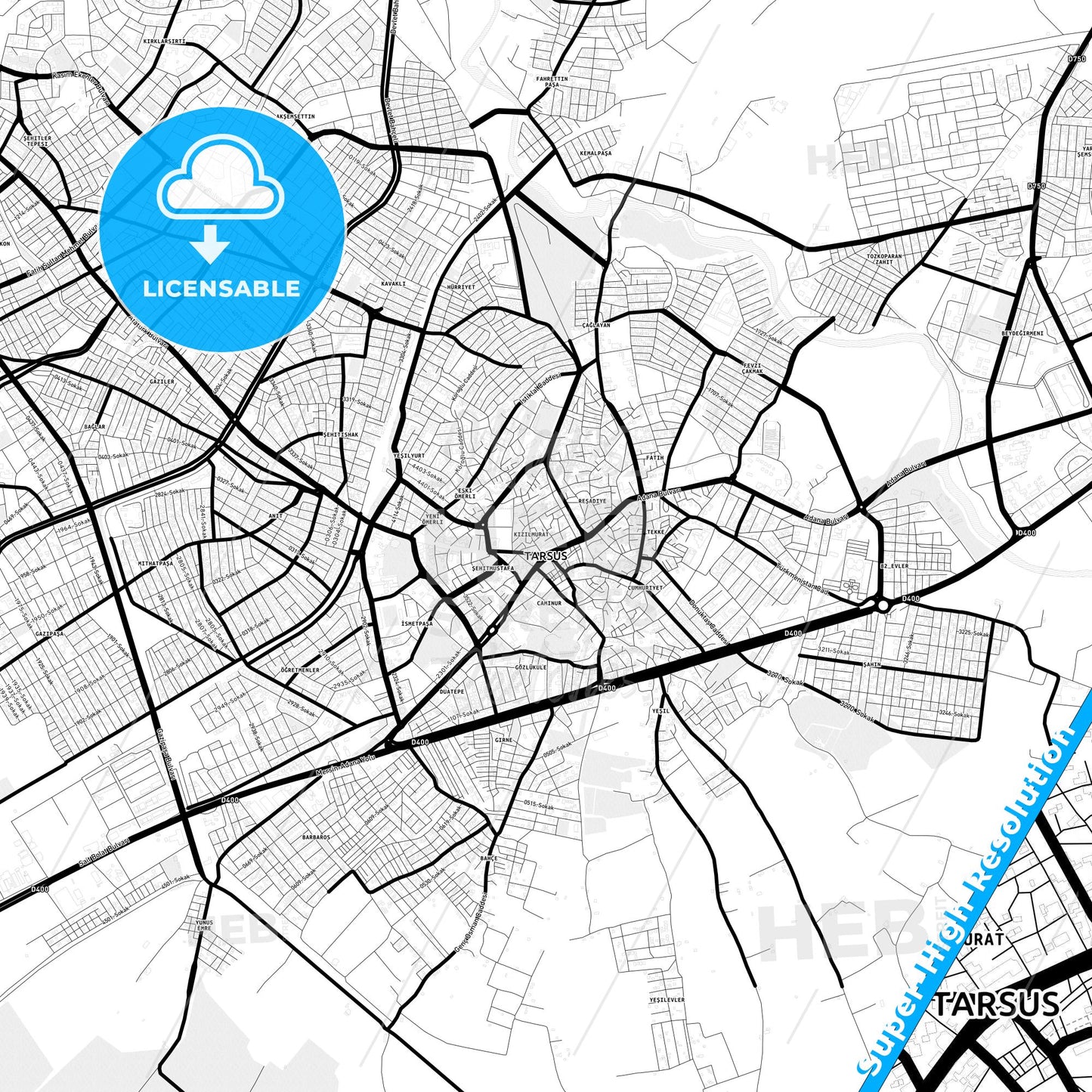 Tarsus, Turkey Light Map with Street Names, City Names, and Districts