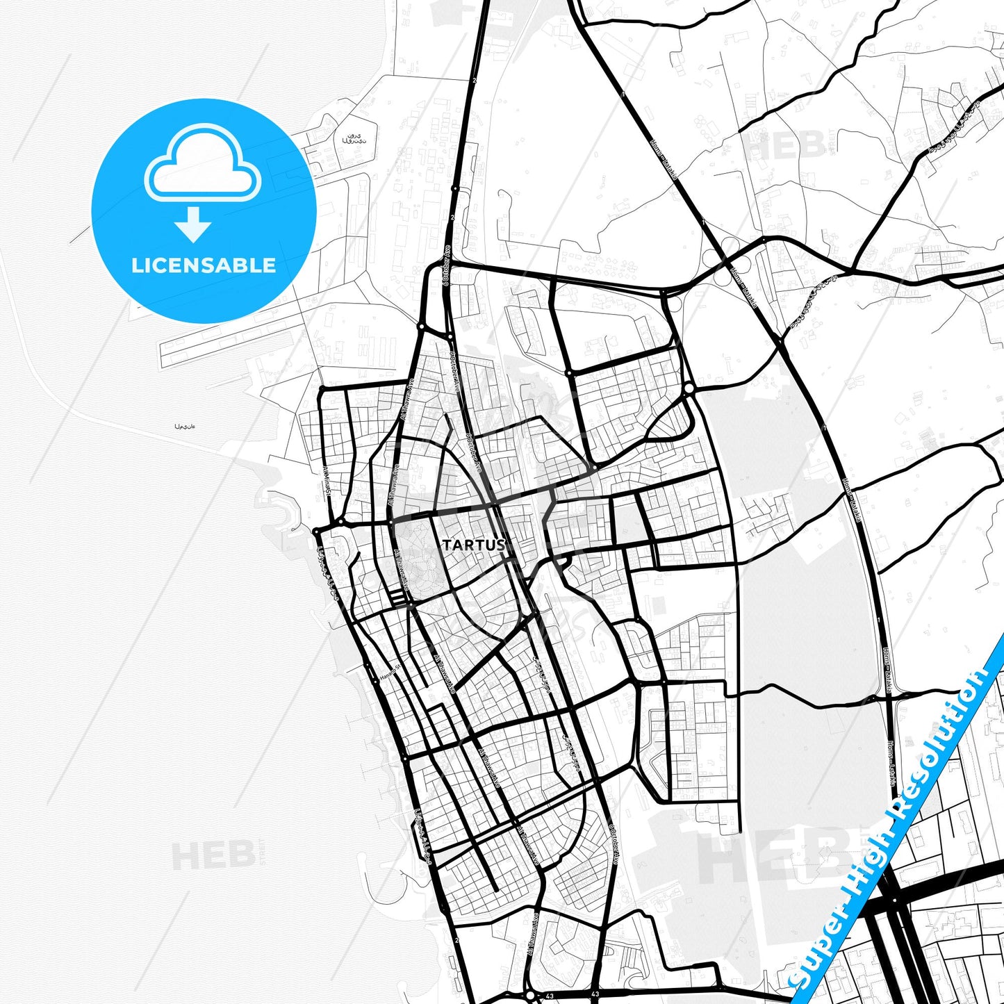 Tartus, Syria Light Map with Street Names, City Names, and Districts