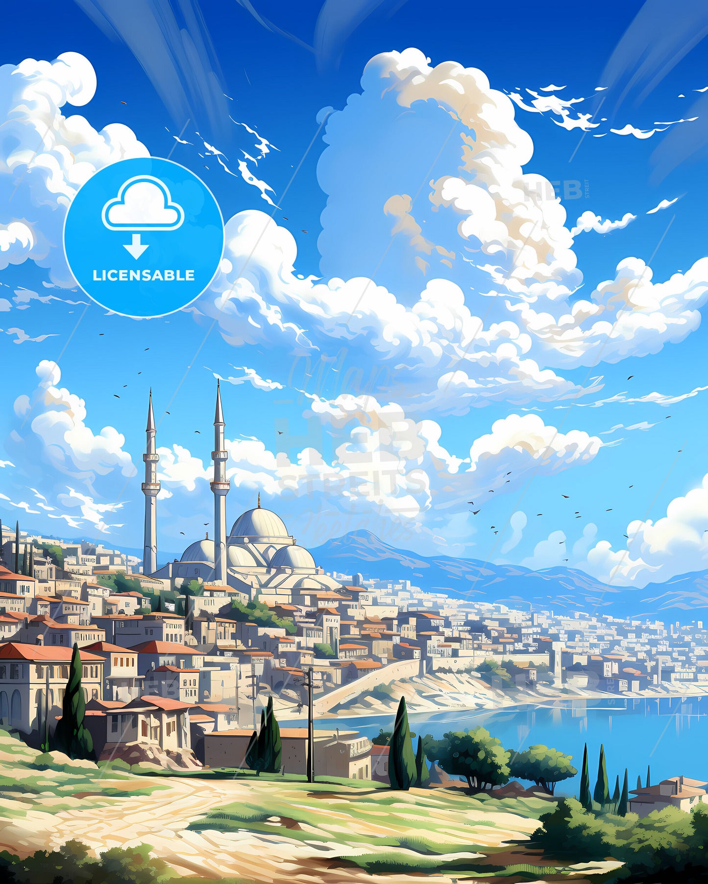 Tartus Syria Cityscape Skyline Painting Waterfront Vibrant Urban Art