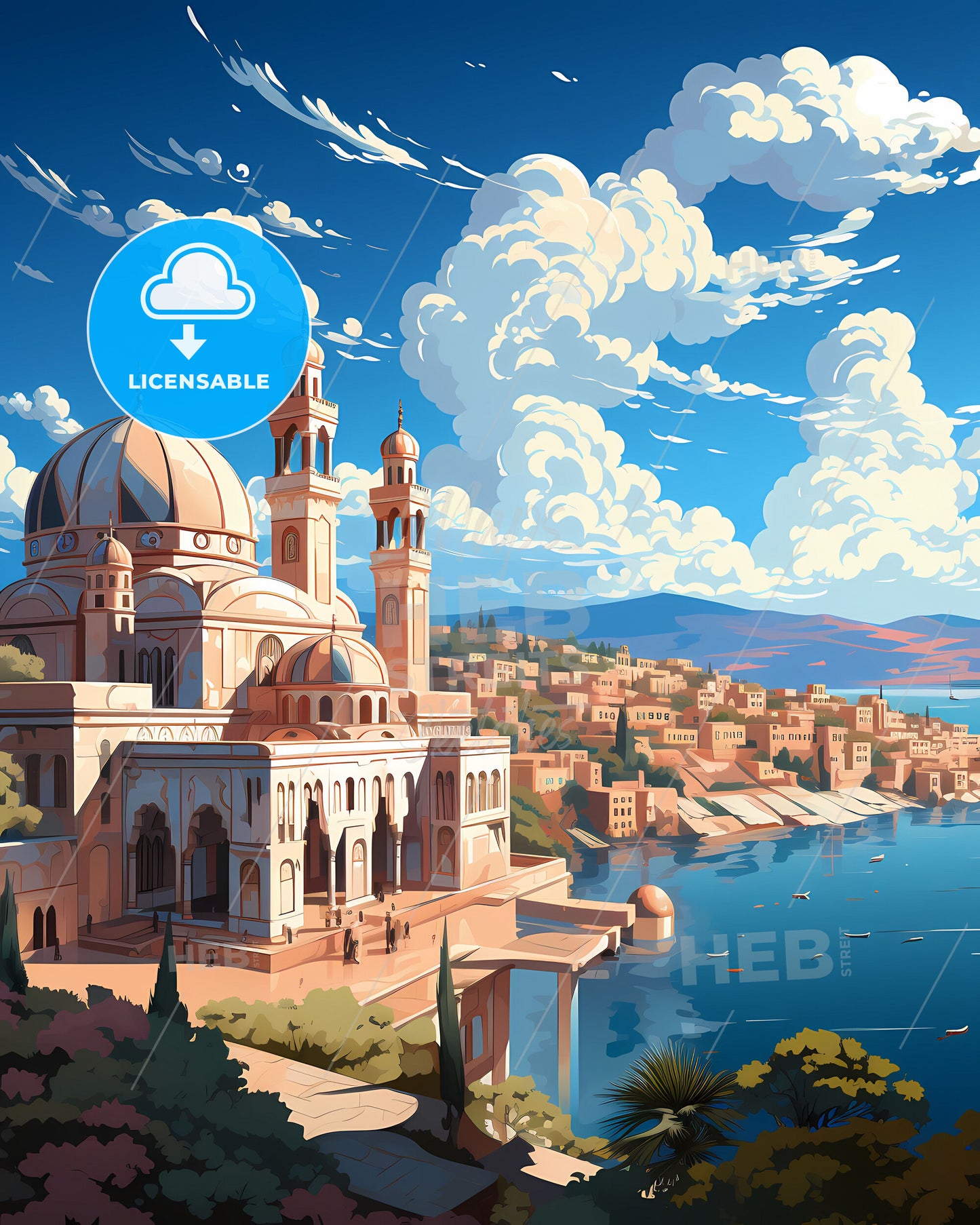 Tartus Syria Skyline Painting - Vibrant Colorful Artwork with Building Dome Towers River