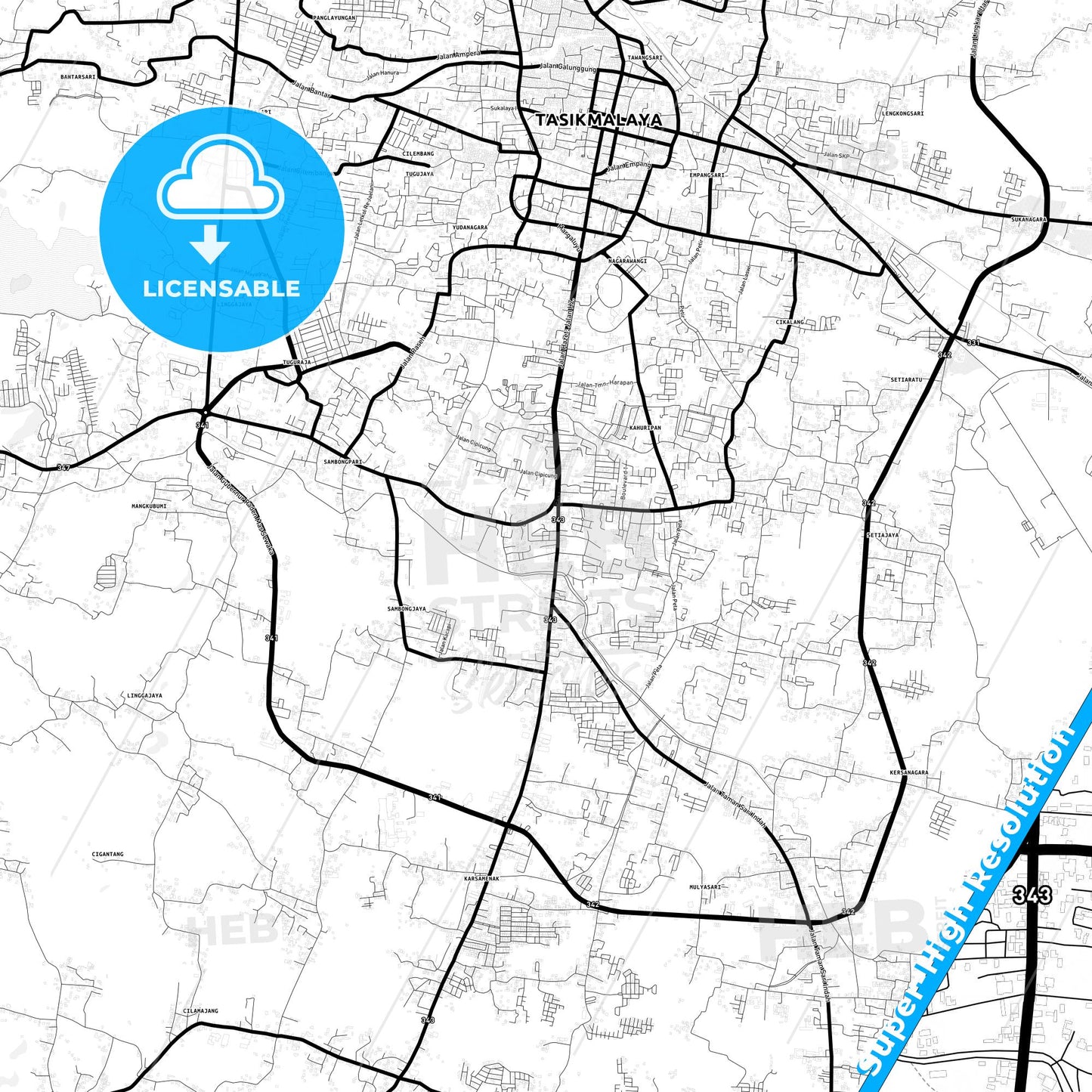 Tasikmalaya, Indonesia Light Map with Street Names, City Names, and Districts