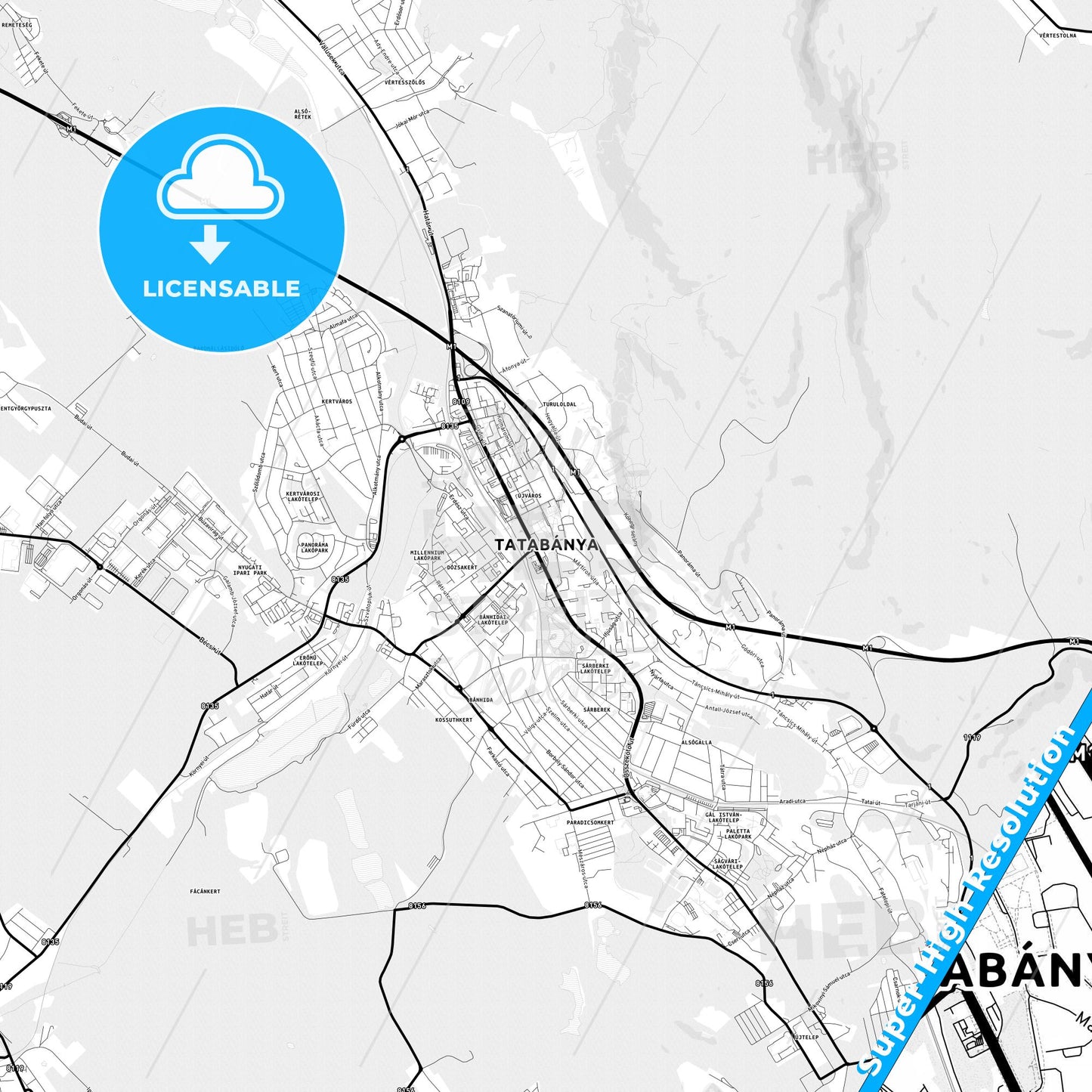 Tatabánya, Hungary Light Map with Street Names, City Names, and Districts