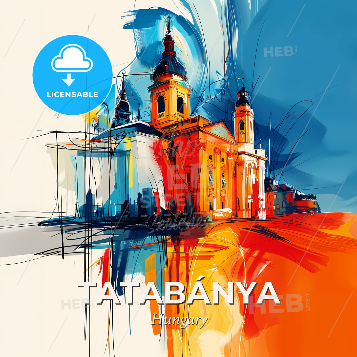 Vibrant Tatabánya, Hungary - A Painting Of A Building - Square format print template