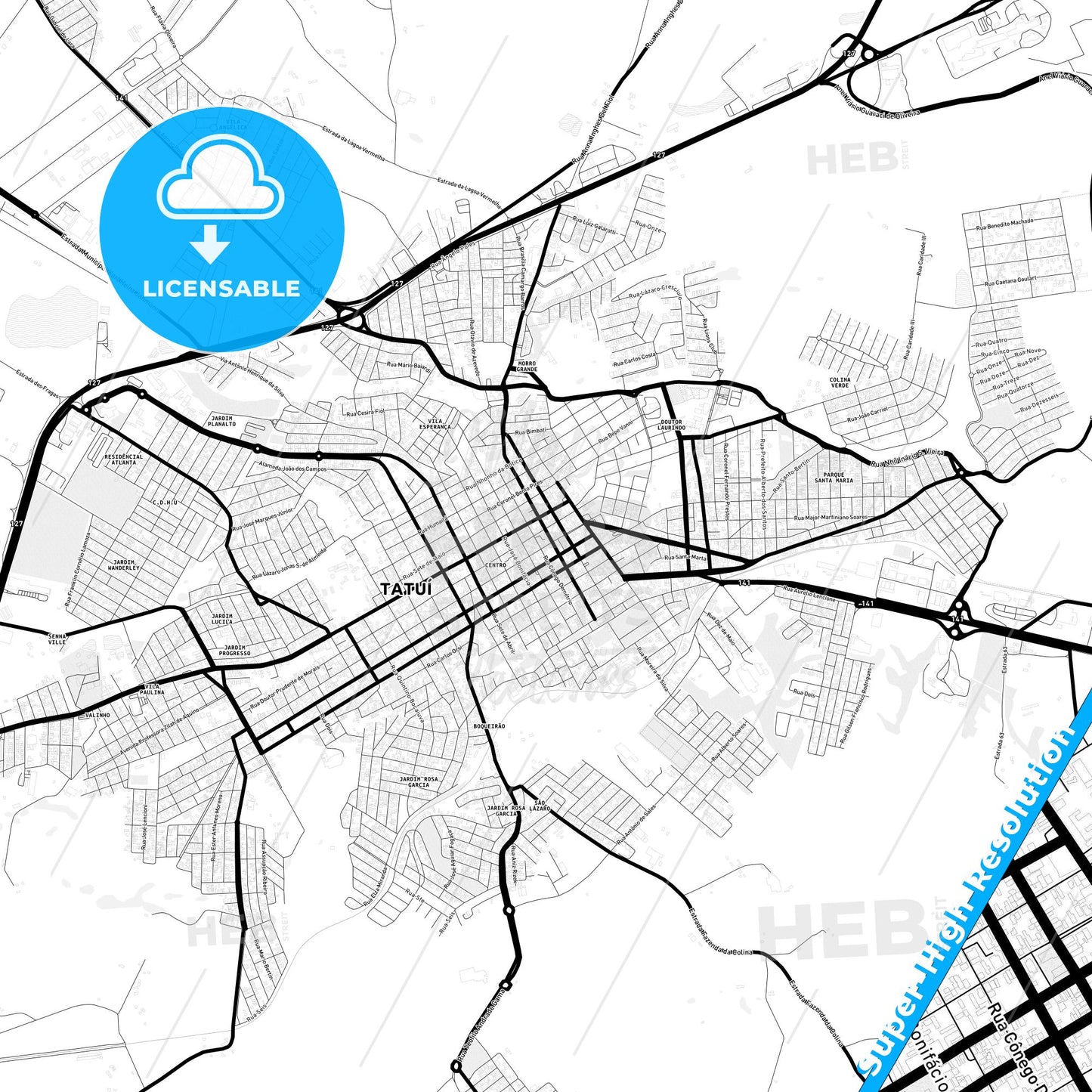 Tatui, Brazil Light Map with Street Names, City Names, and Districts