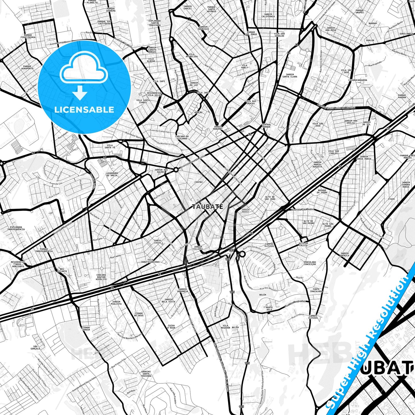 Taubate, Brazil Light Map with Street Names, City Names, and Districts