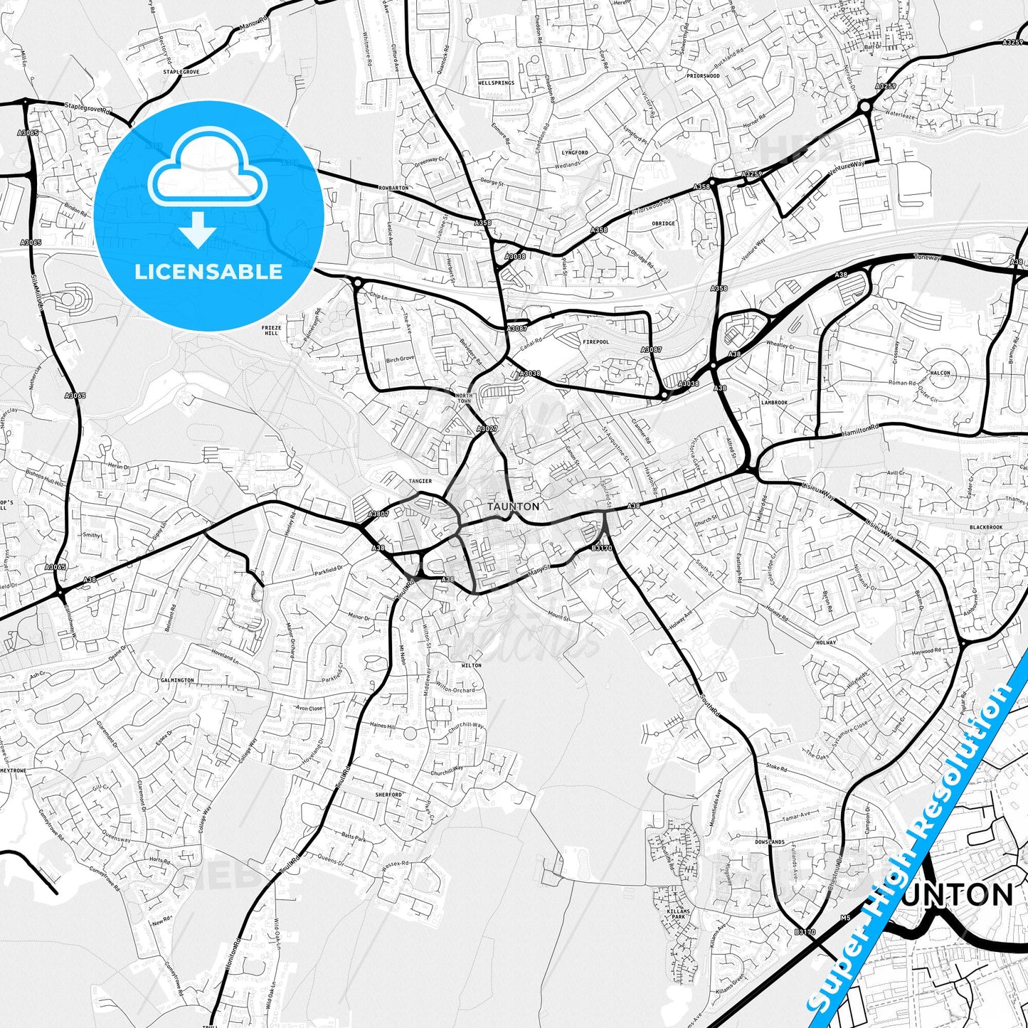 Taunton, England Light Map with Street Names, City Names, and Districts