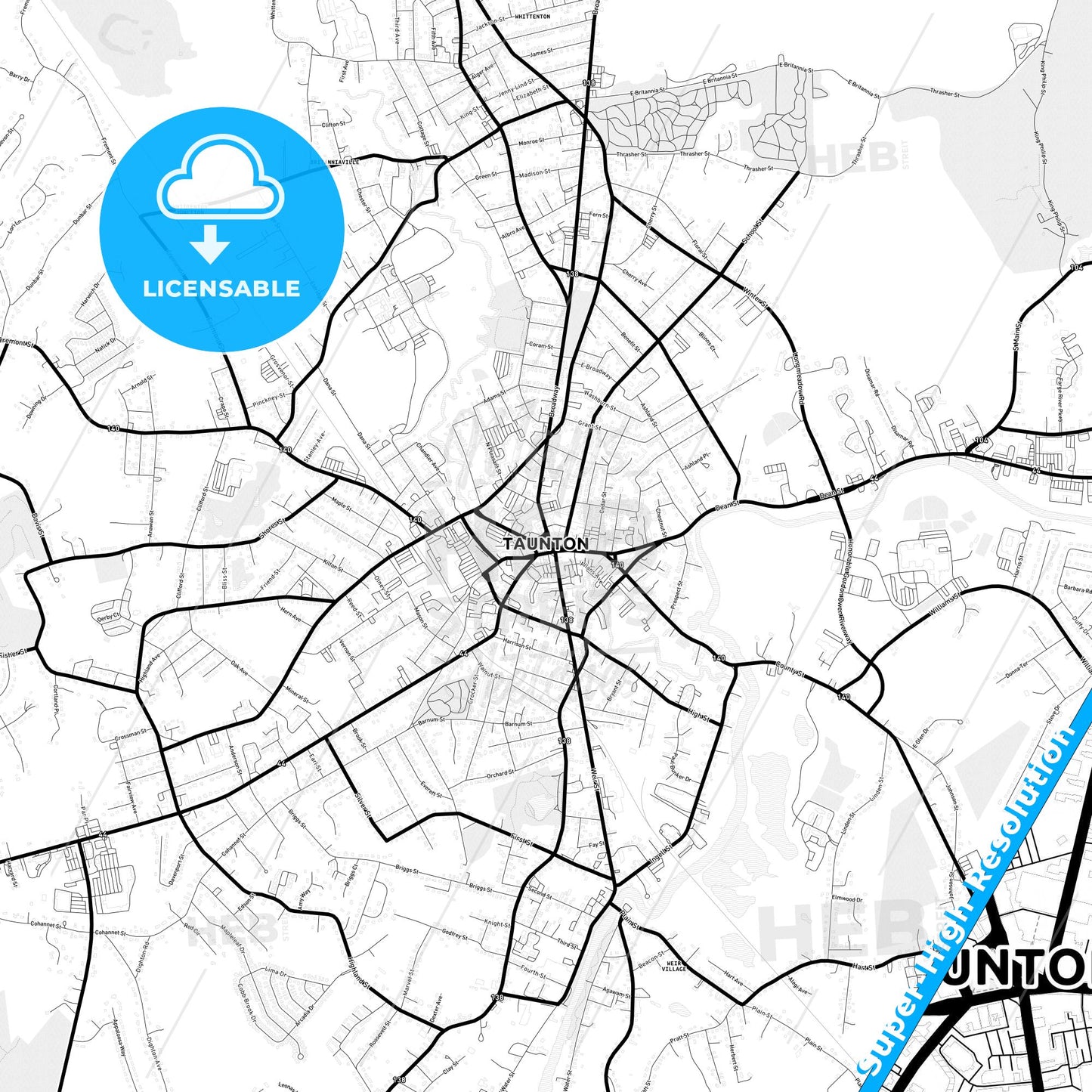 Taunton, Massachusetts Light Map with Street Names, City Names, and Districts