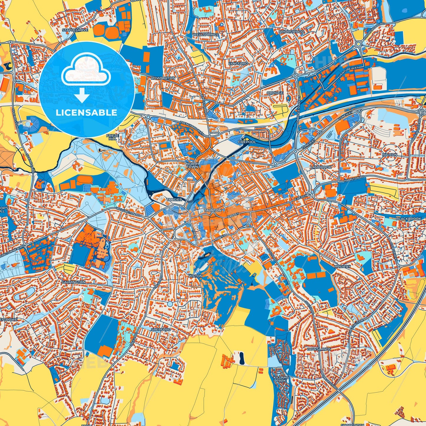 Colorful Taunton Street Map with Labels and Buildings