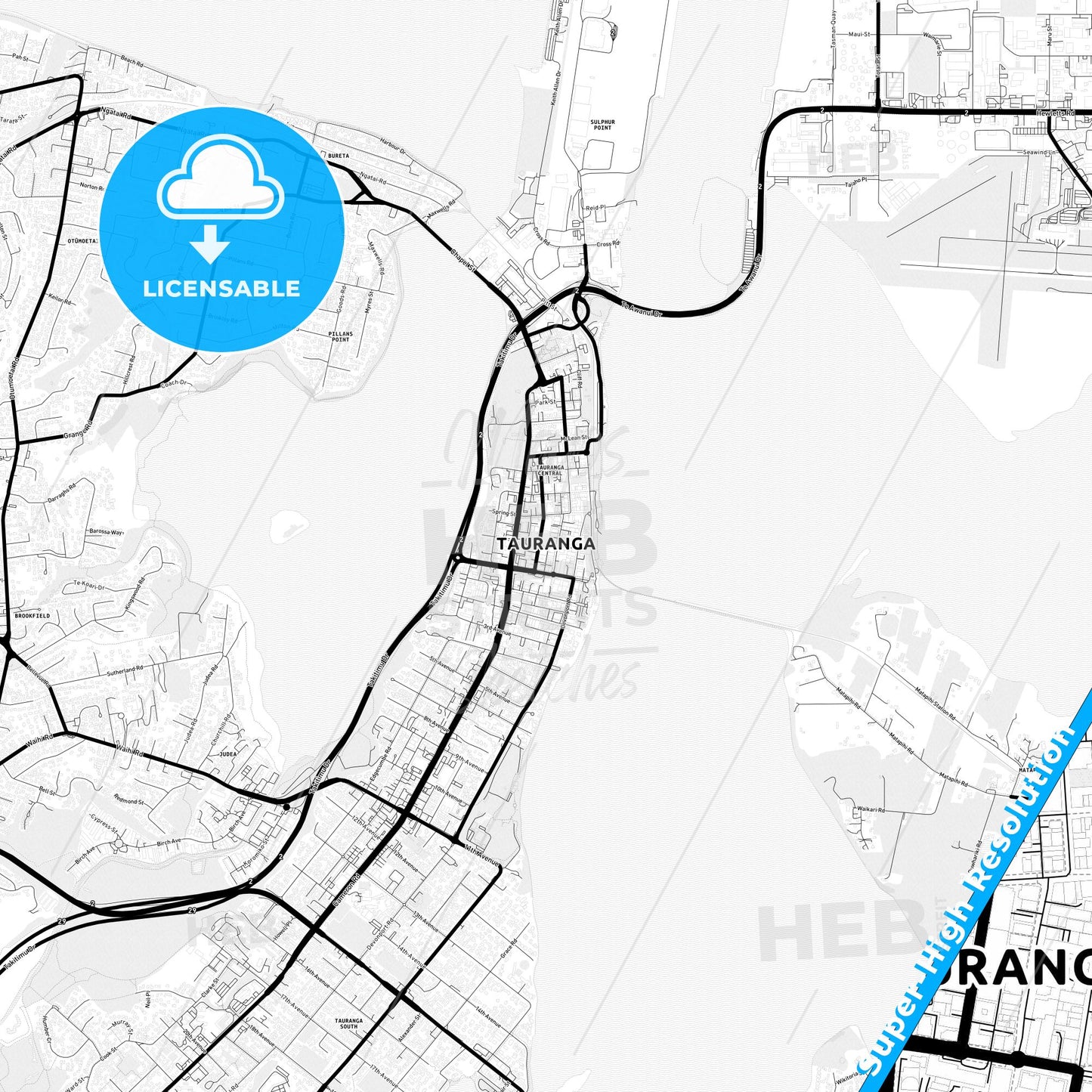 Tauranga, New Zealand Light Map with Street Names, City Names, and Districts