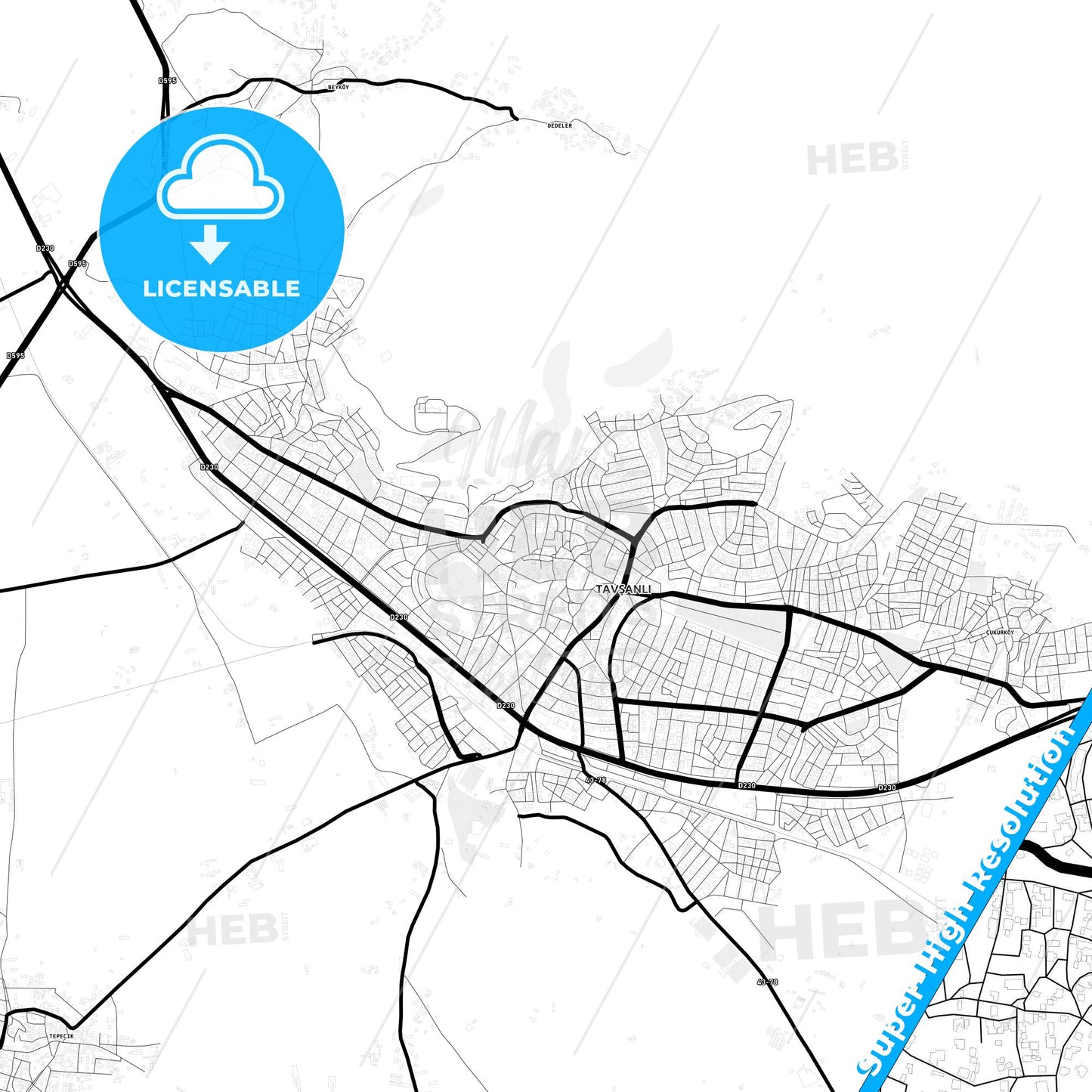 Tavşanlı, Turkey Light Map with Street Names, City Names, and Districts