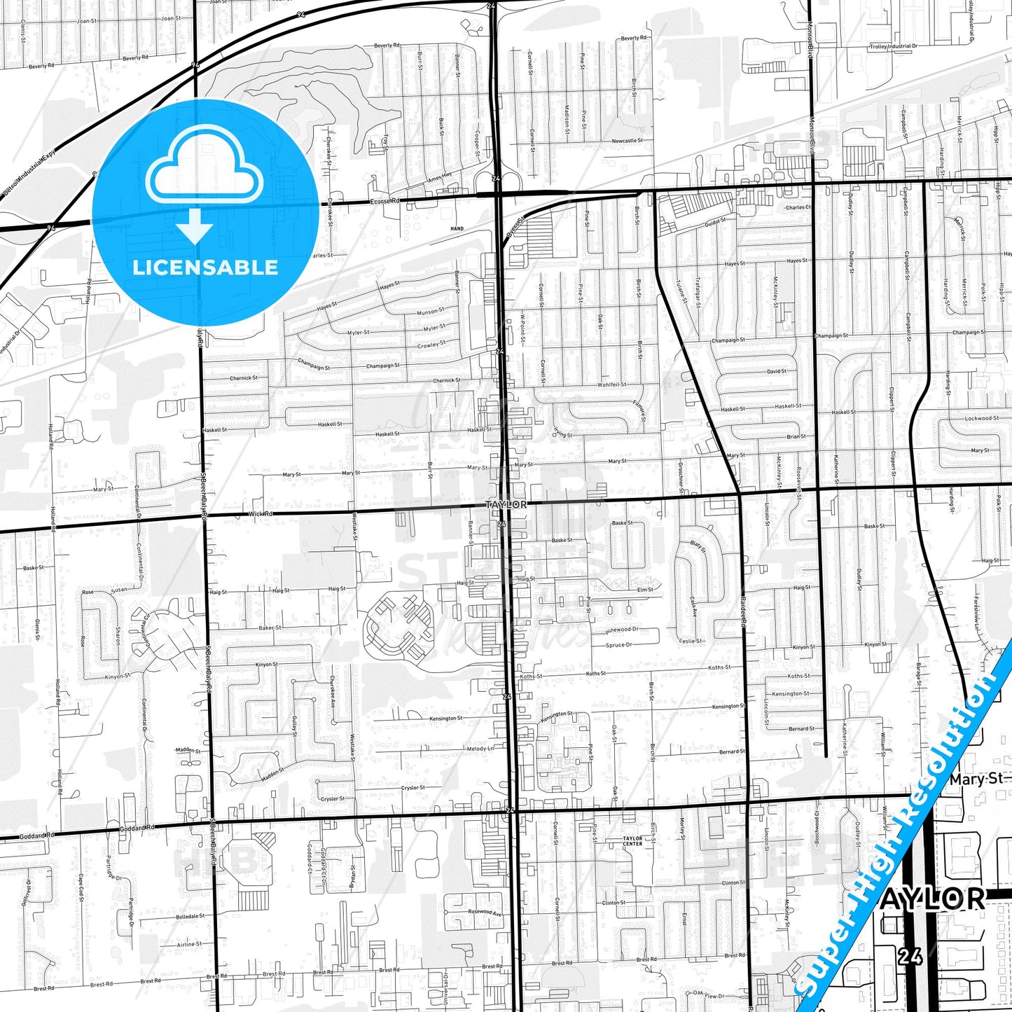 Taylor, Michigan Light Map with Street Names, City Names, and Districts