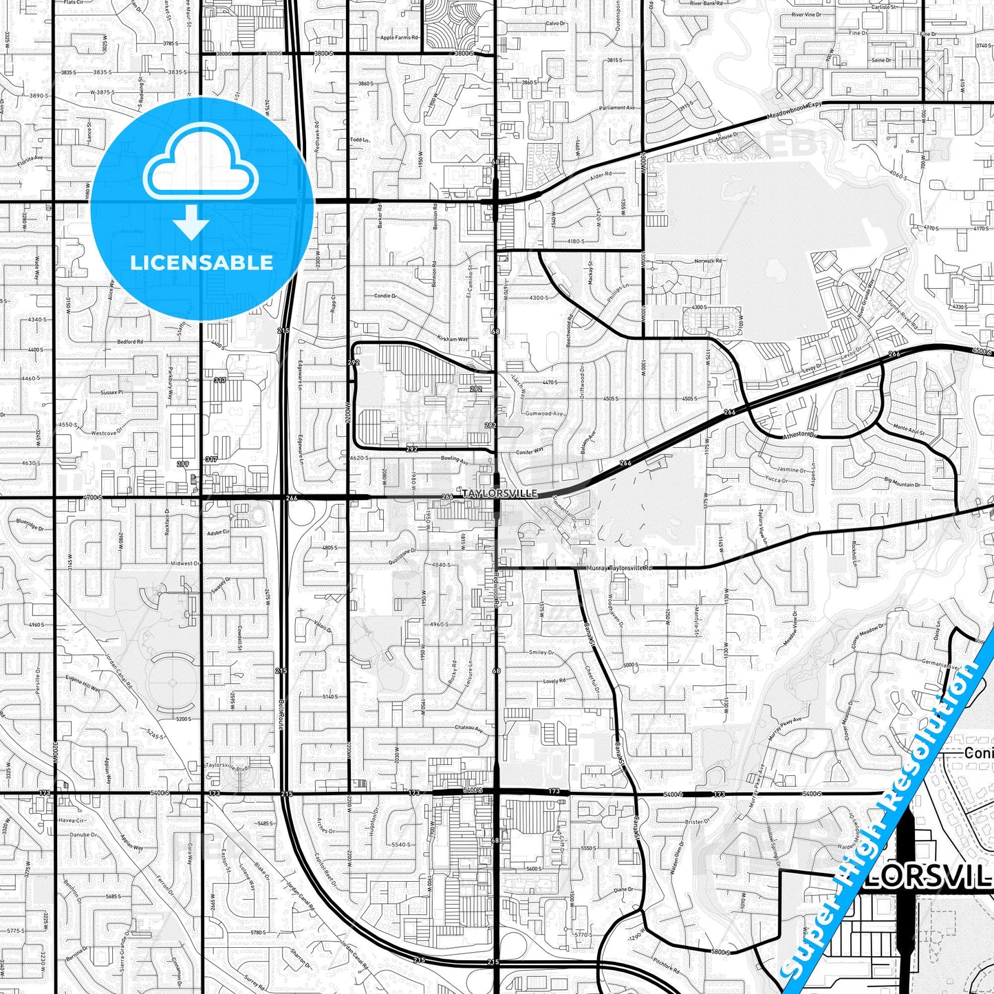 Taylorsville, Utah Light Map with Street Names, City Names, and Districts