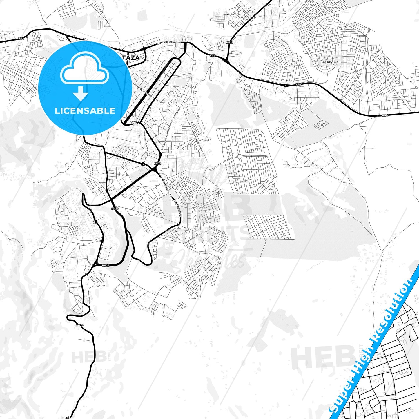 Taza, Morocco Light Map with Street Names, City Names, and Districts