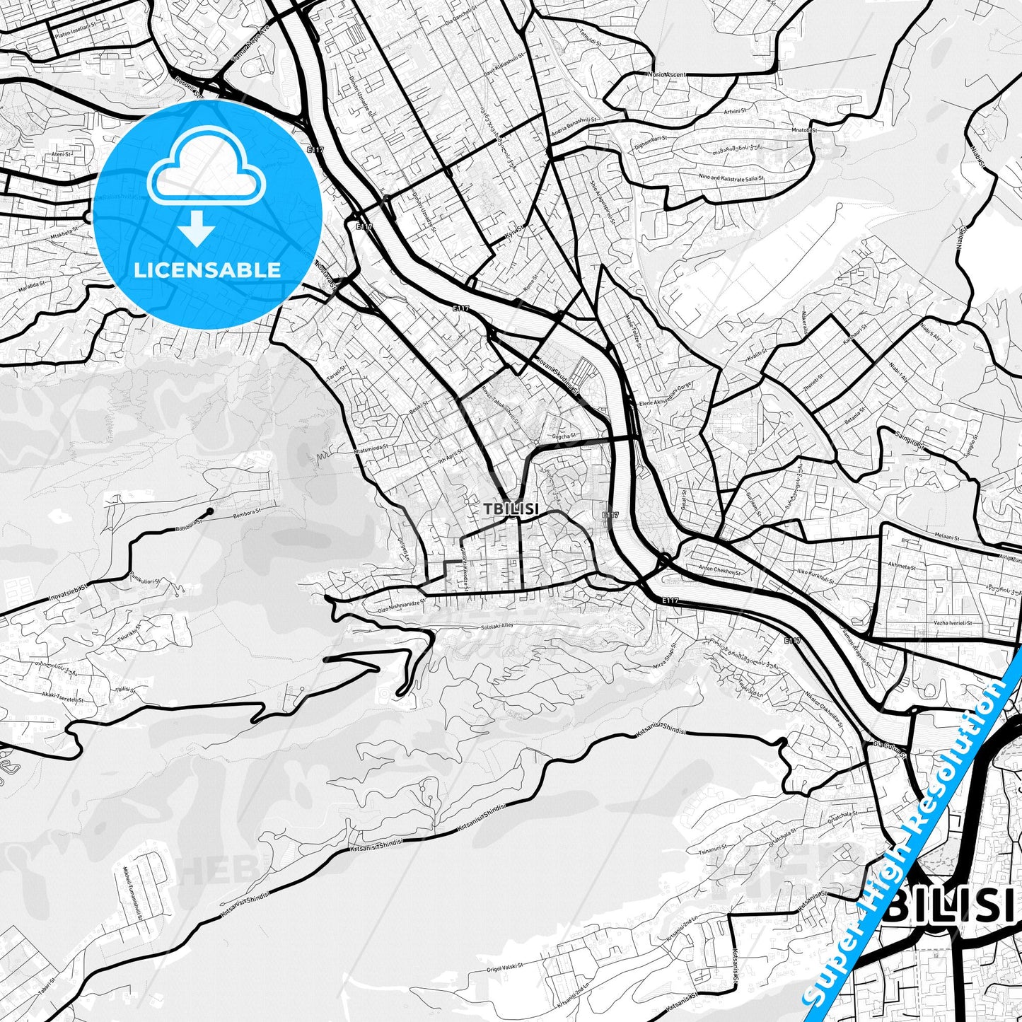 Tbilisi, Georgia Light Map with Street Names, City Names, and Districts