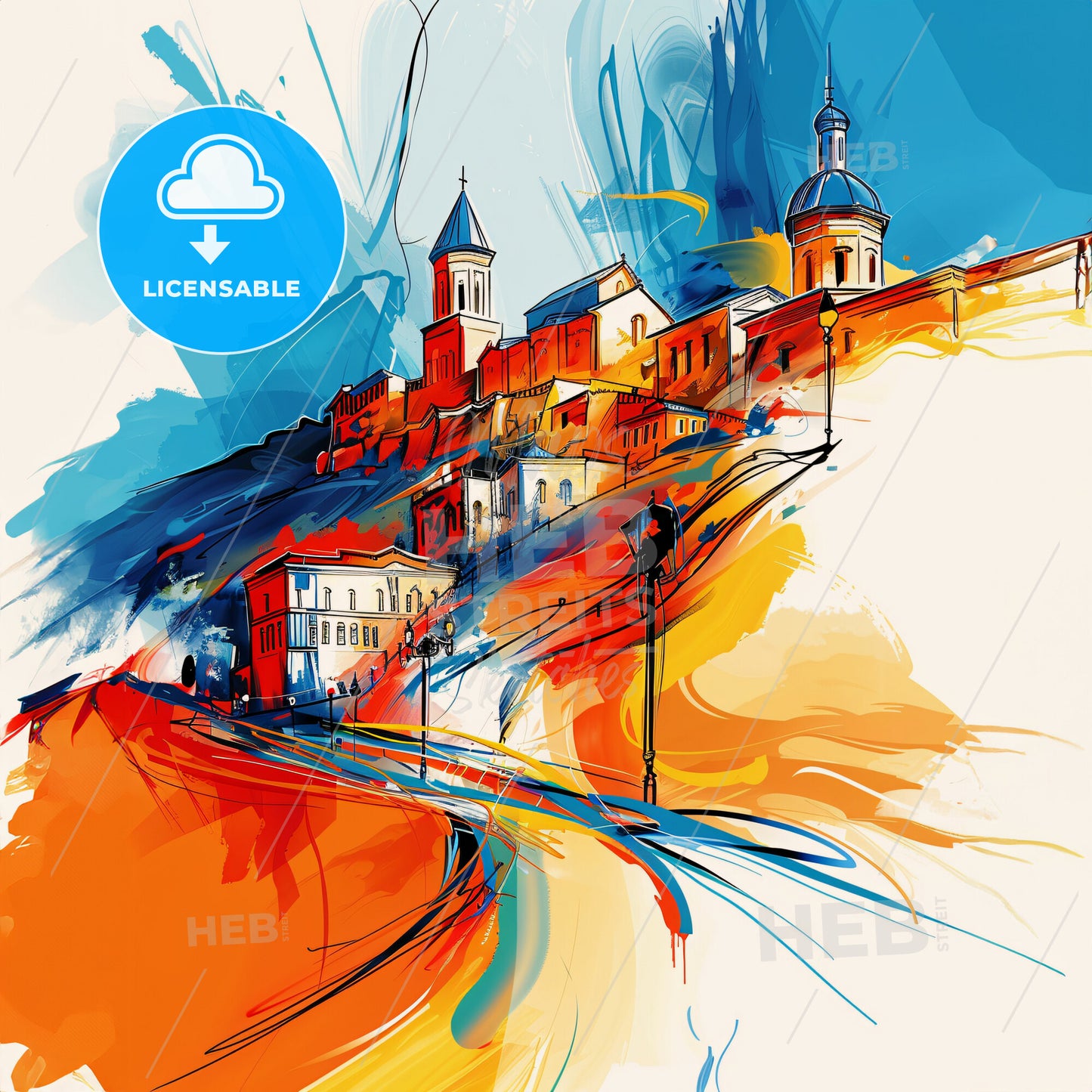 Vibrant Tbilisi, Georgia - A Painting Of A Town On A Hill