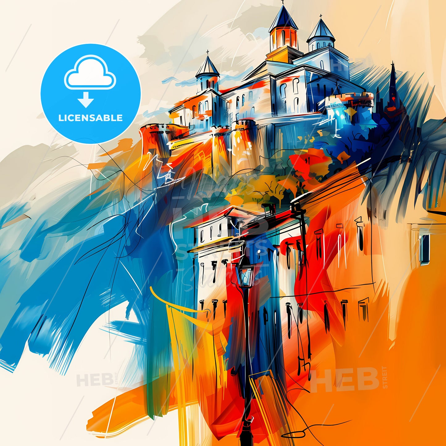 Vibrant Tbilisi, Georgia - A Painting Of A Castle On A Hill