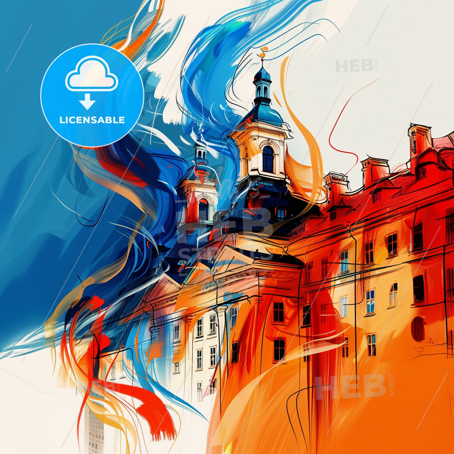 Vibrant Täby, Sweden - A Painting Of A Building With A Blue And Orange Background