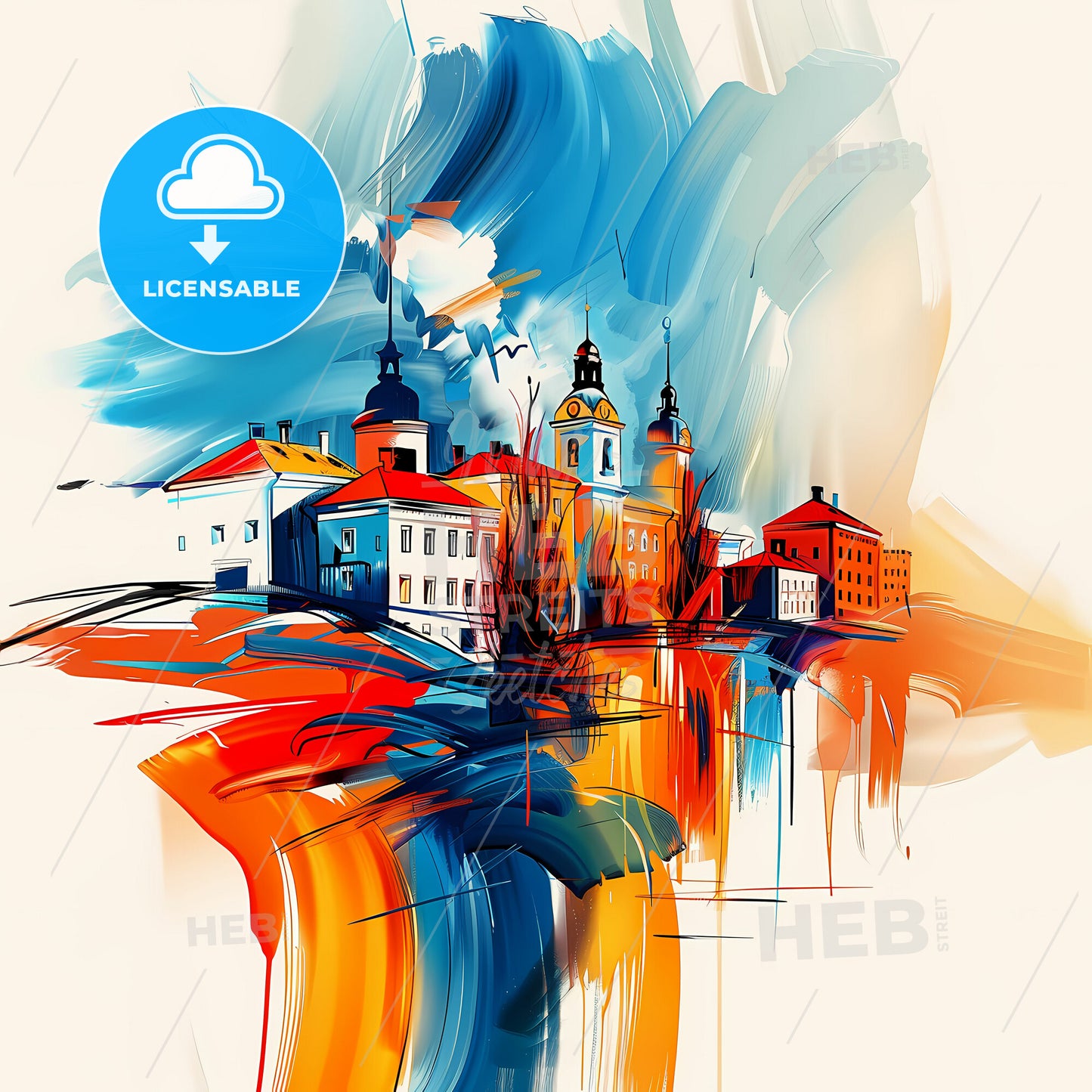 Vibrant Täby, Sweden - A Painting Of Buildings And A Colorful Sky