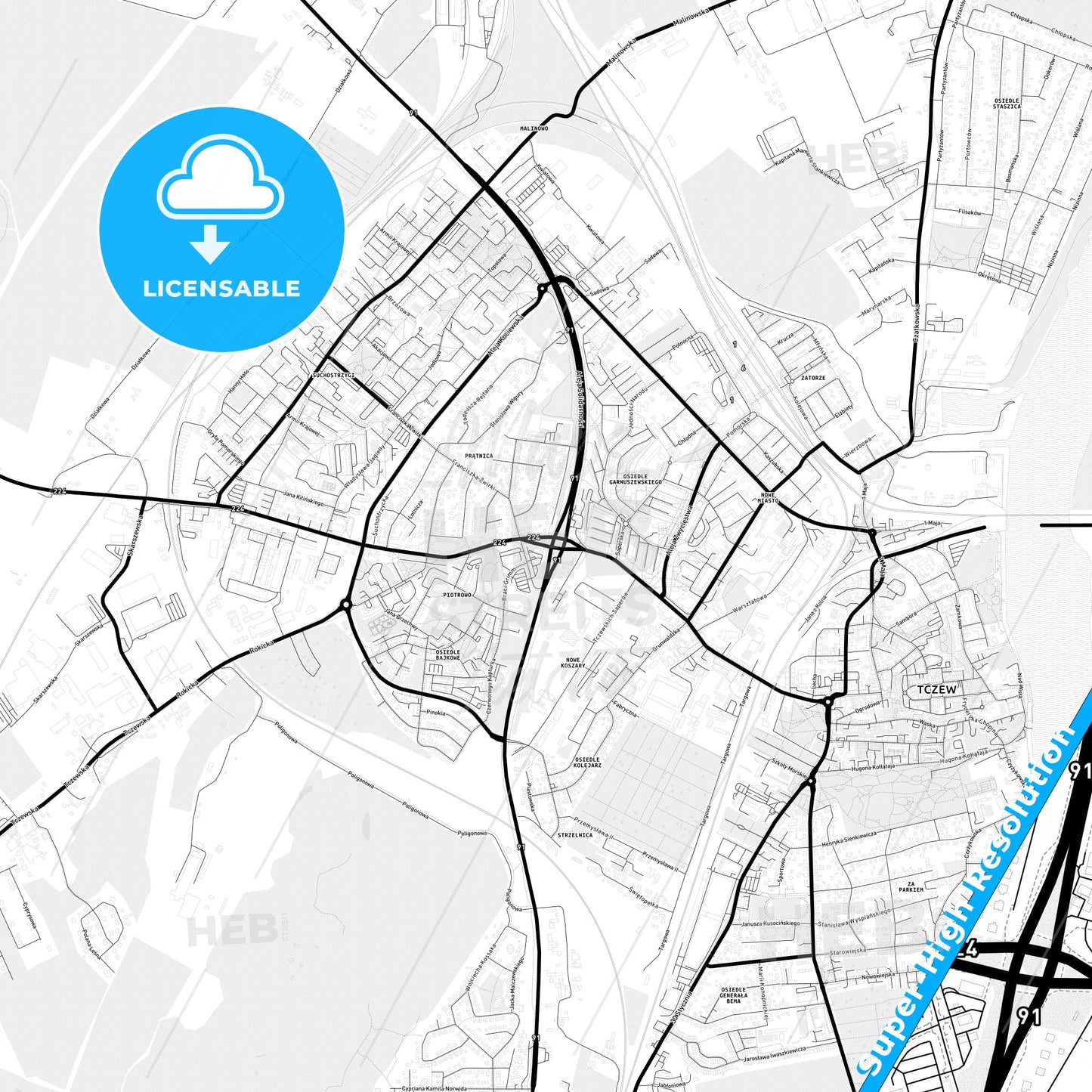 Tczew, Poland Light Map with Street Names, City Names, and Districts