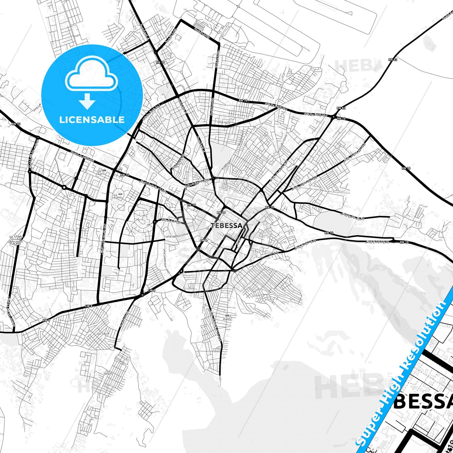 Tebessa, Algeria Light Map with Street Names, City Names, and Districts