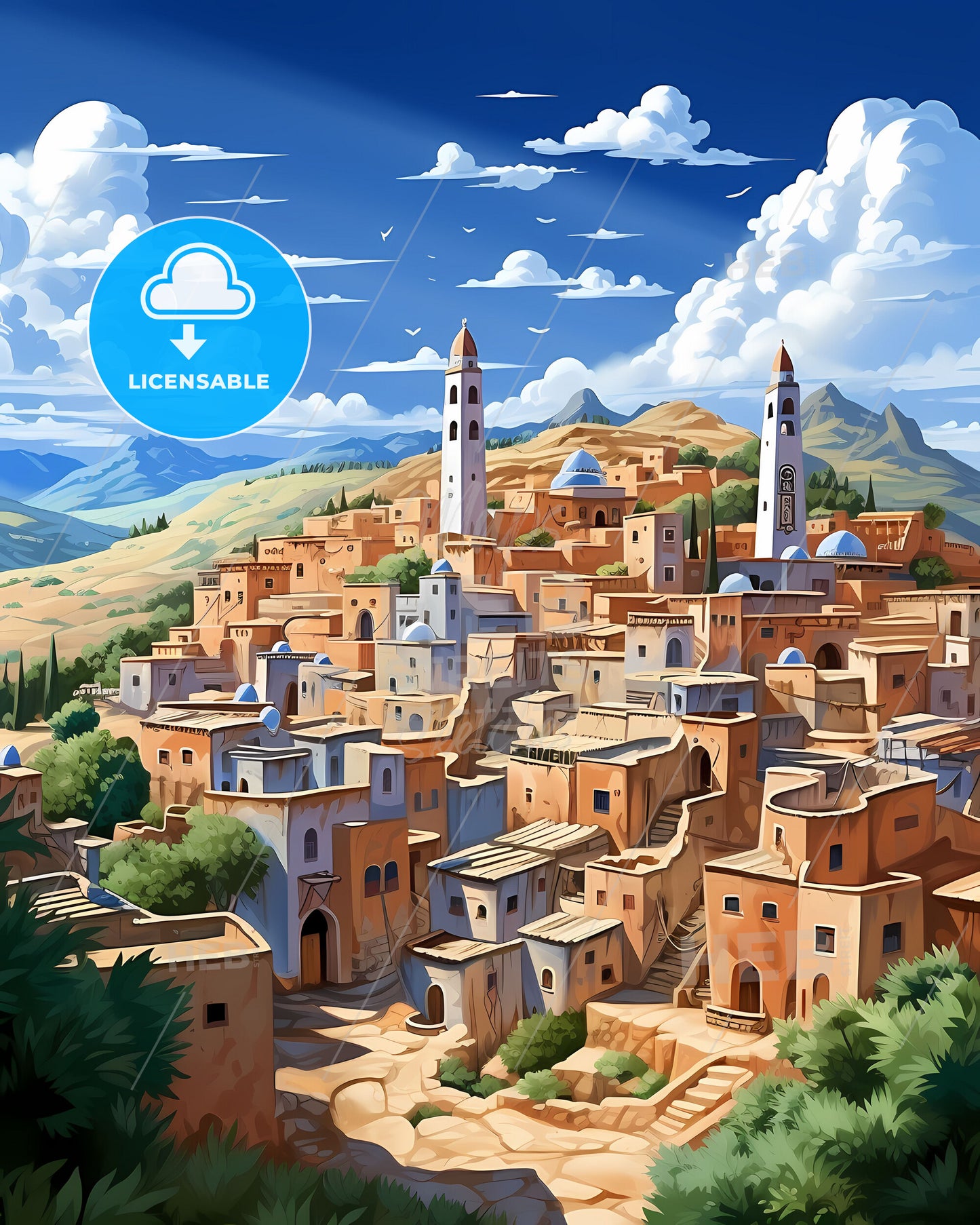 Vibrant Painting of Tebessa, Algeria Skyline in Cartoon Style