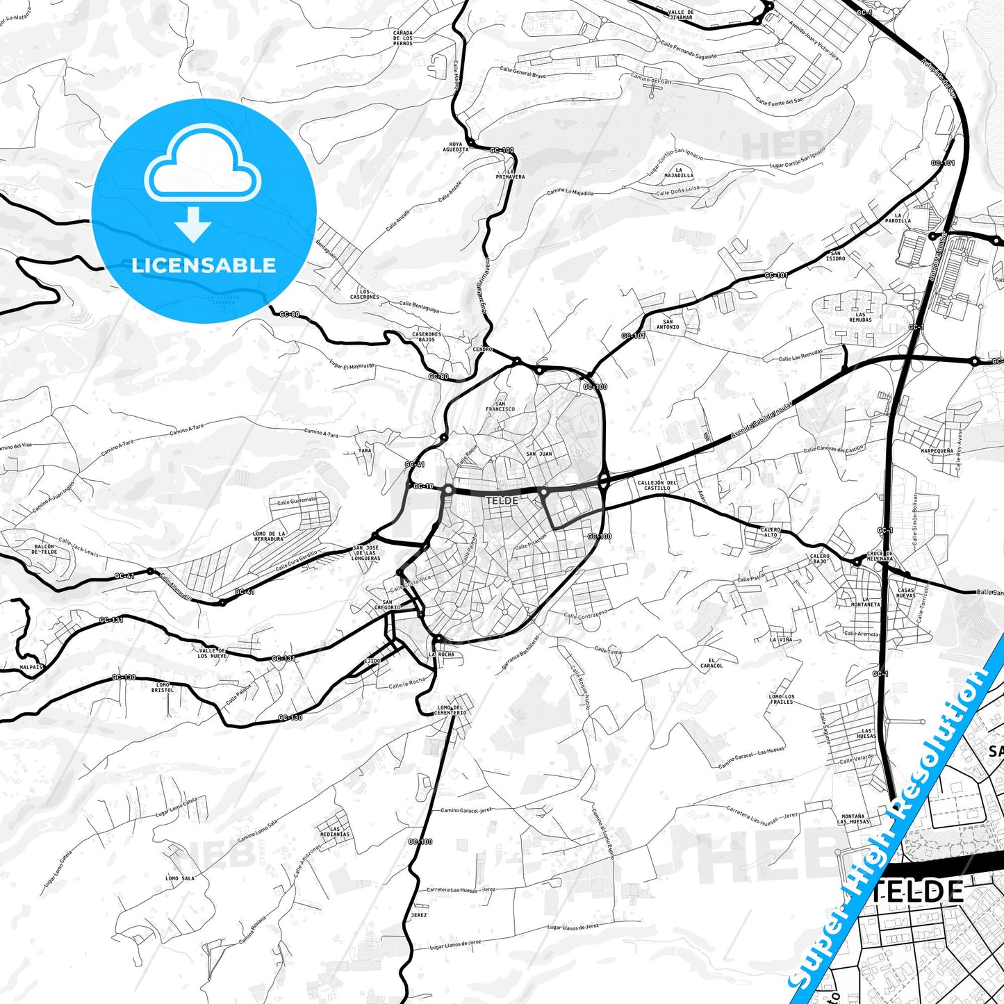 Telde, Spain Light Map with Street Names, City Names, and Districts