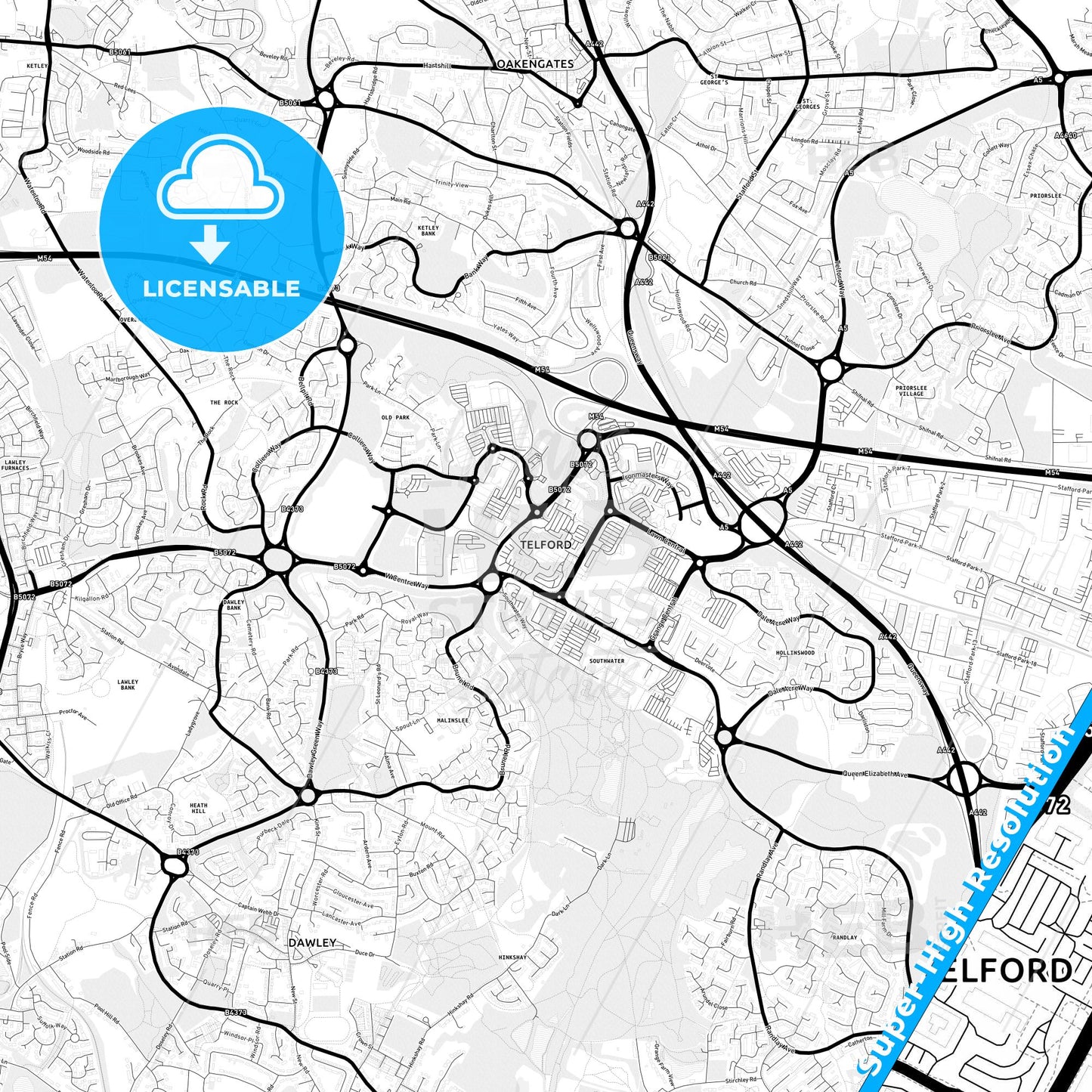 Telford, England Light Map with Street Names, City Names, and Districts