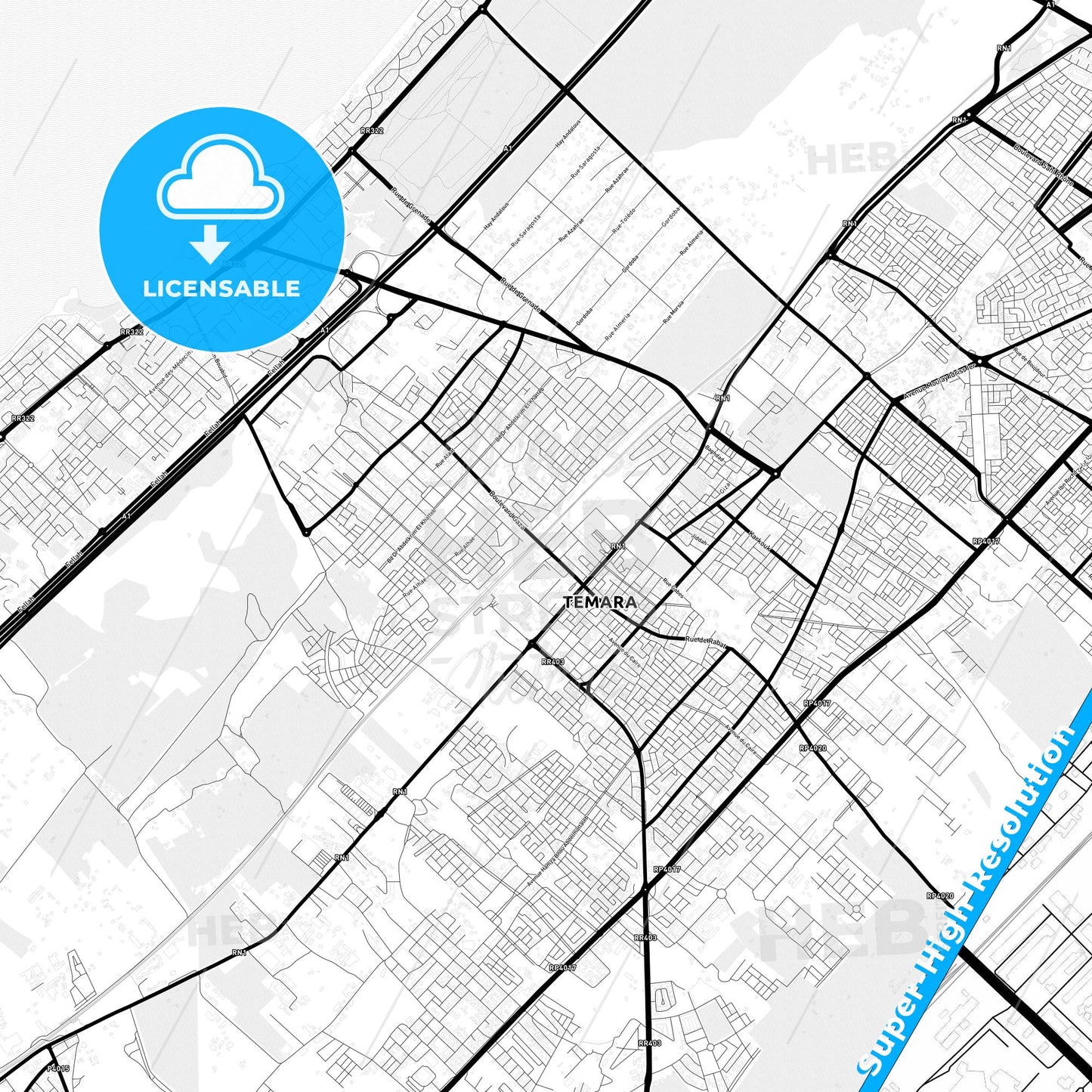 Temara, Morocco Light Map with Street Names, City Names, and Districts