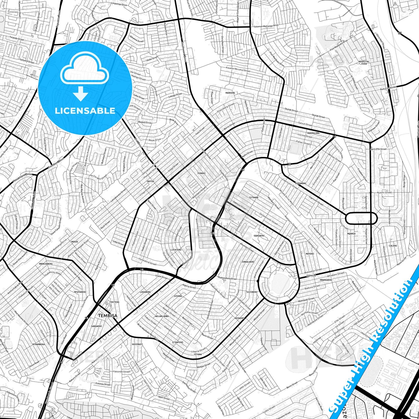 Tembisa, South Africa Light Map with Street Names, City Names, and Districts