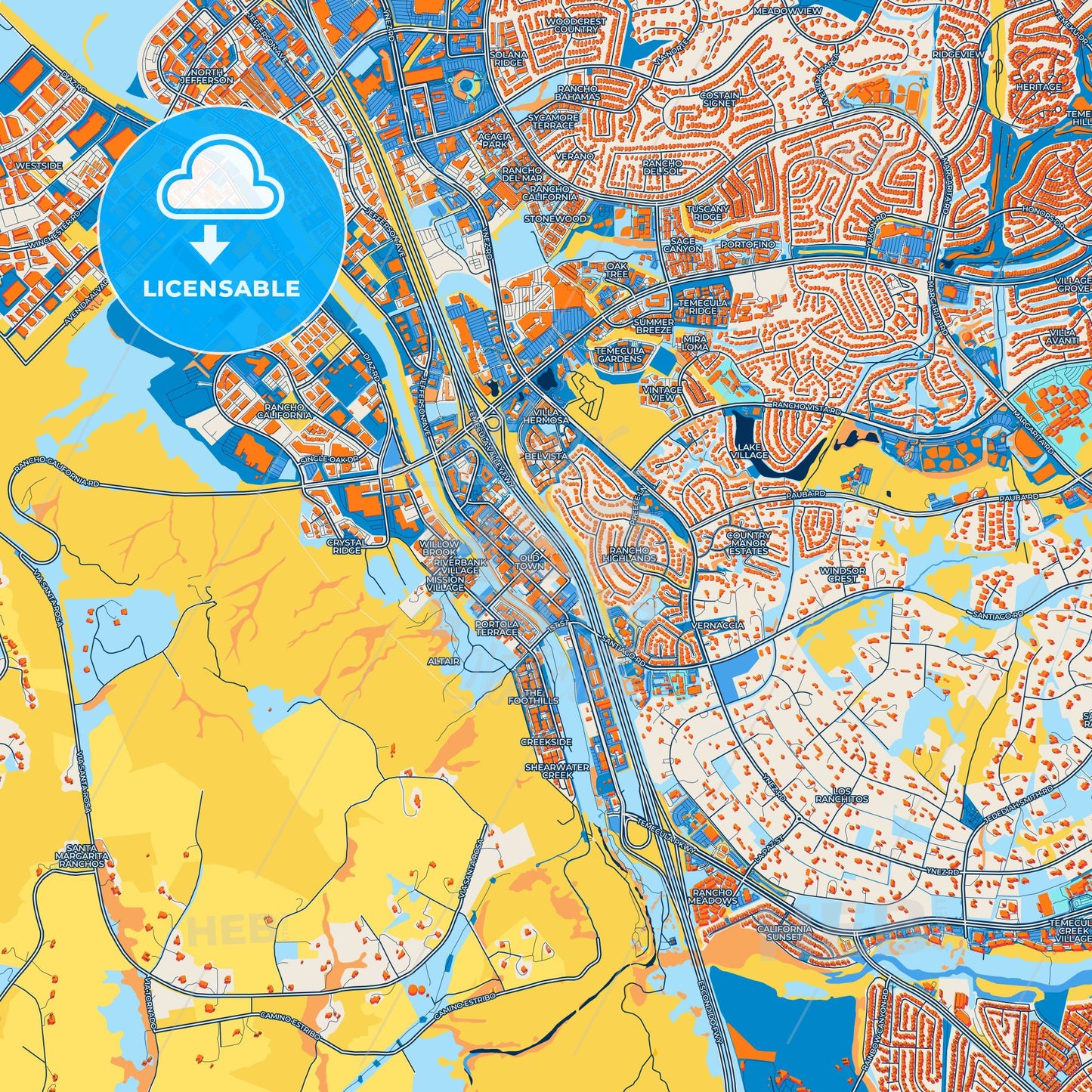 Colorful Temecula Street Map with Labels and Buildings