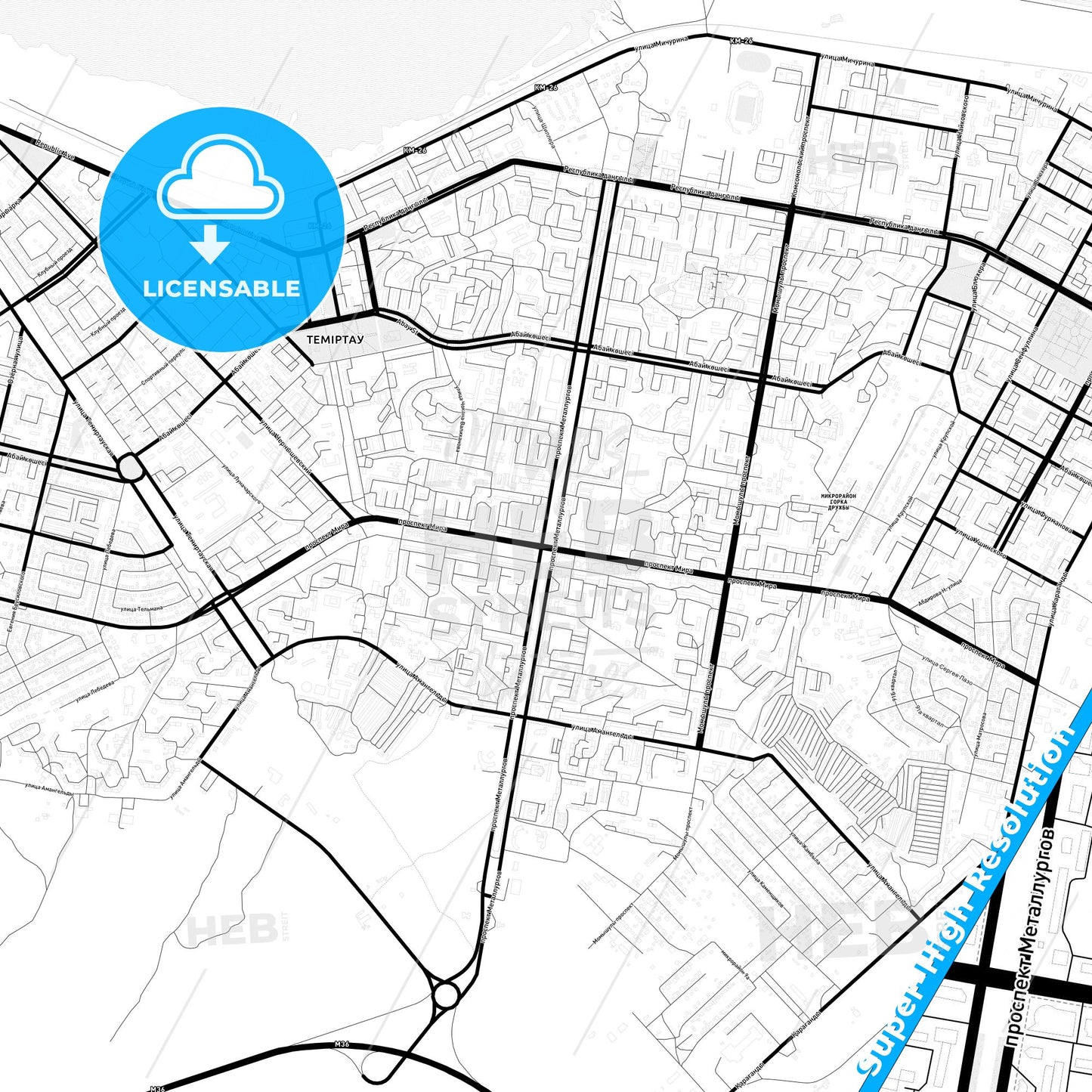 Temirtau, Kazakhstan Light Map with Street Names, City Names, and Districts