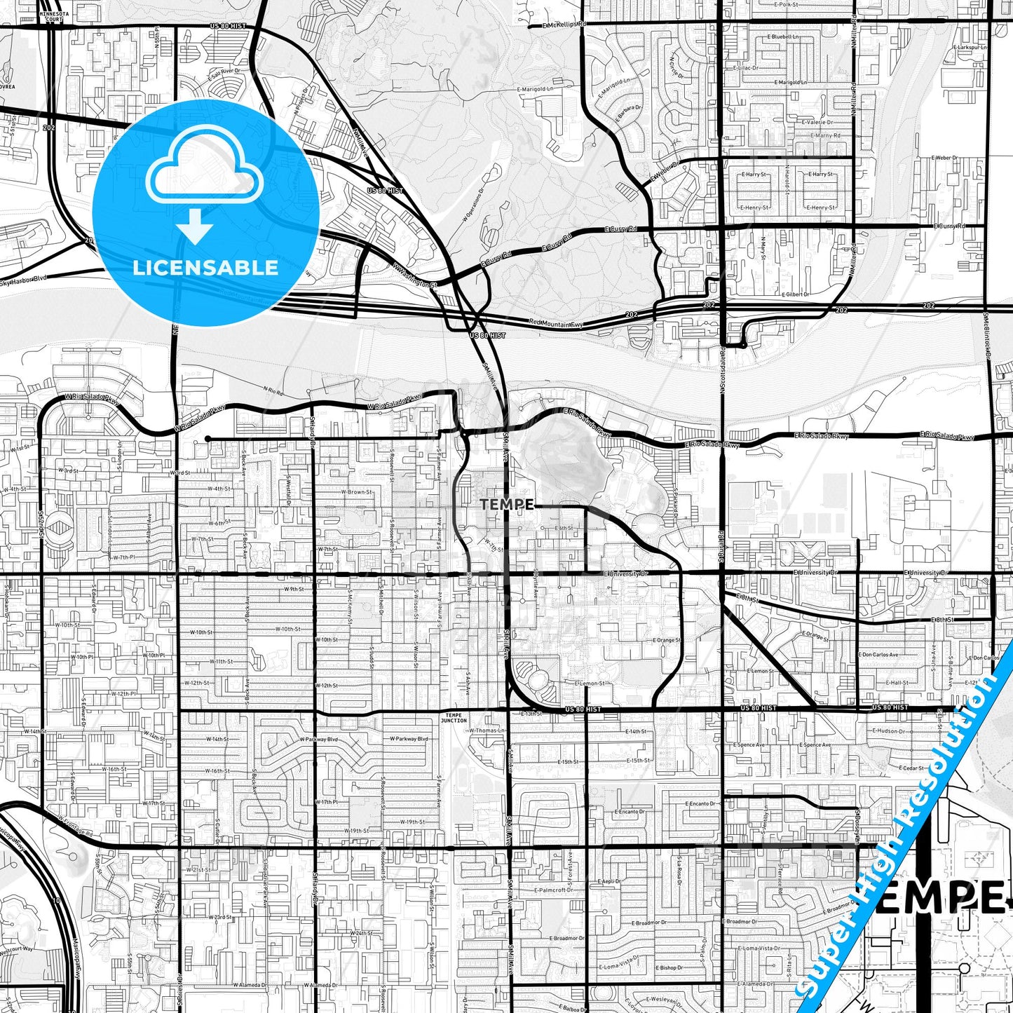Tempe, Arizona Light Map with Street Names, City Names, and Districts