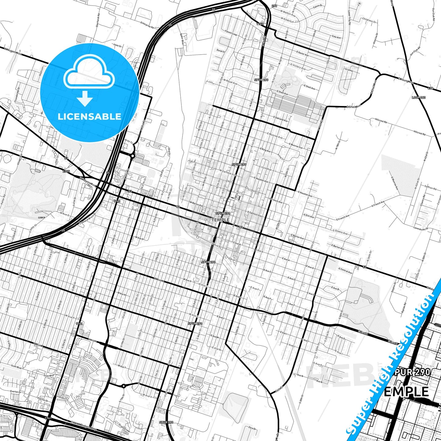 Temple, Texas Light Map with Street Names, City Names, and Districts