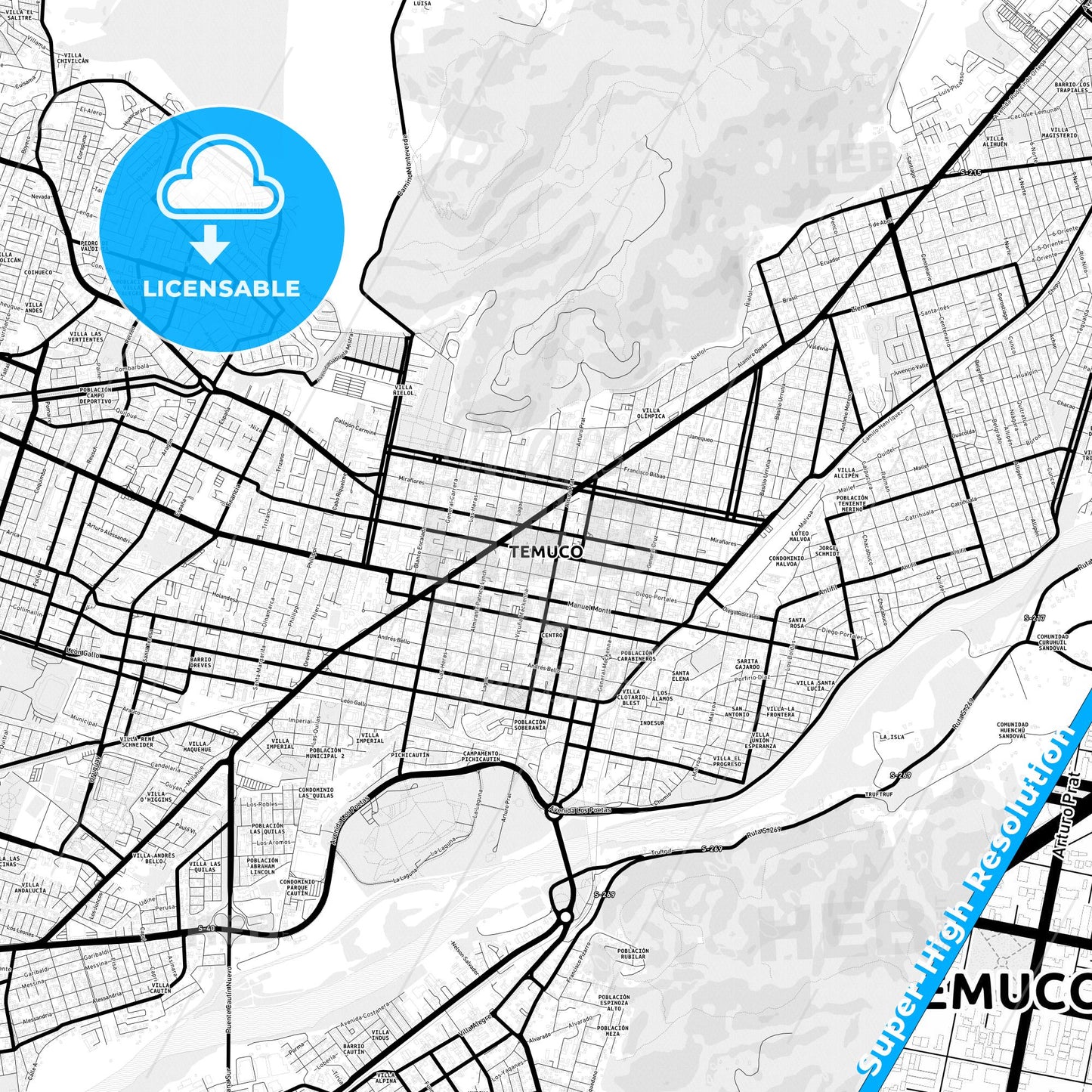 Temuco, Chile Light Map with Street Names, City Names, and Districts
