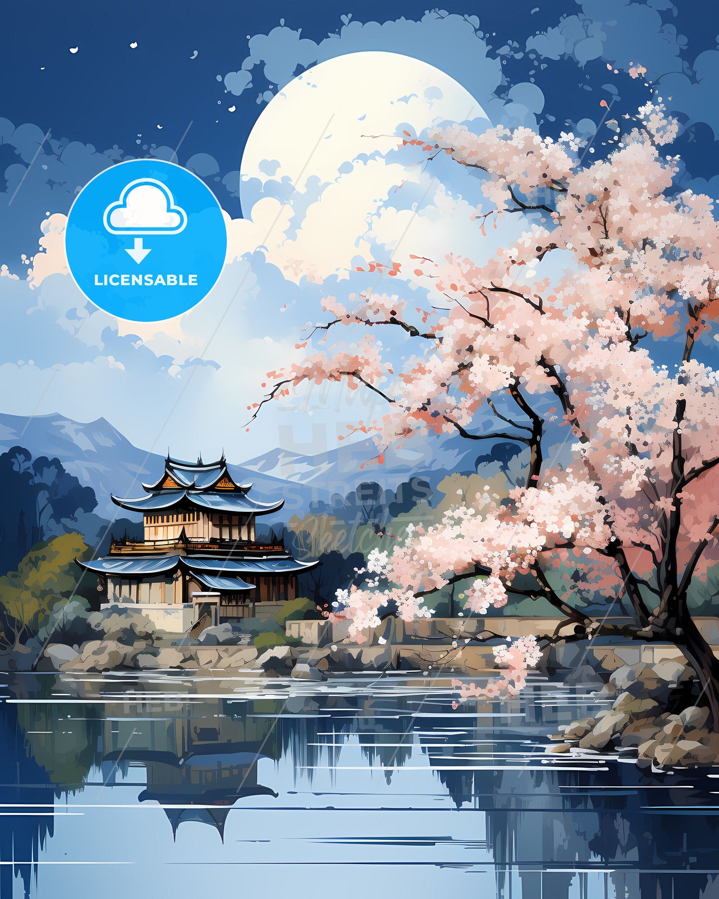 Artistic Impression: Skyline of Tengzhou China - a Colorful Painting of a Building and Tree near a Lake