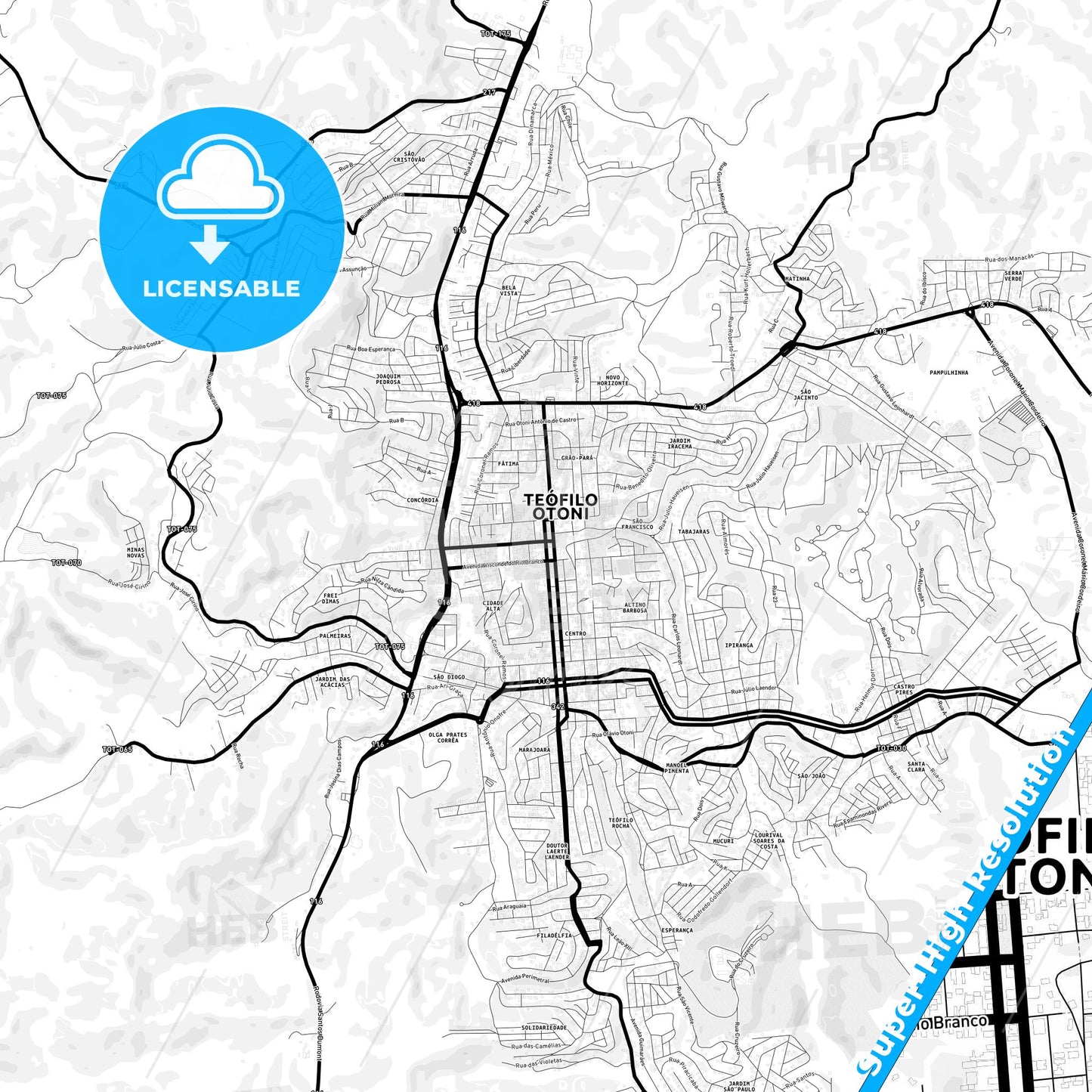 Teofilo Otoni, Brazil Light Map with Street Names, City Names, and Districts