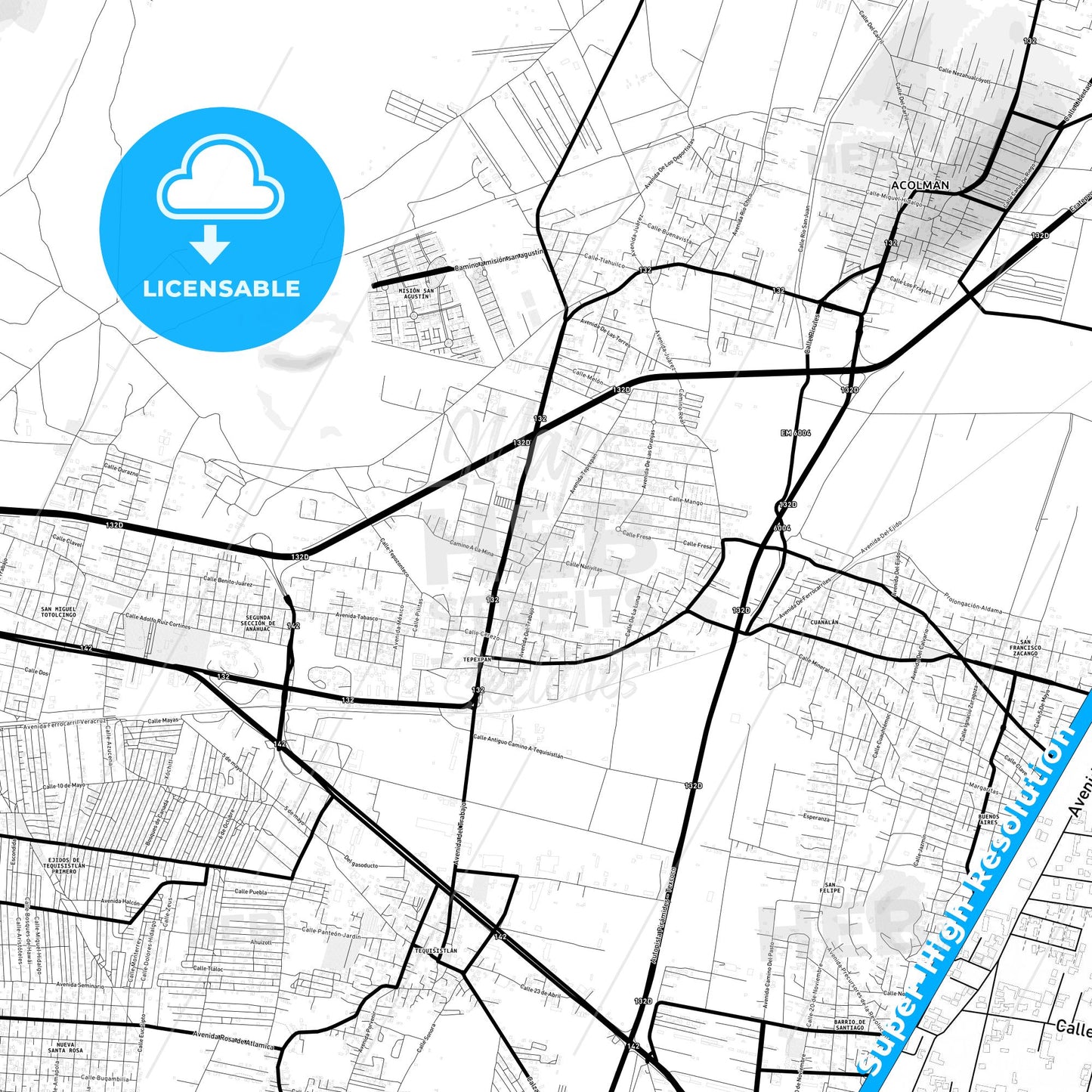 Tepexpan, Mexico Light Map with Street Names, City Names, and Districts
