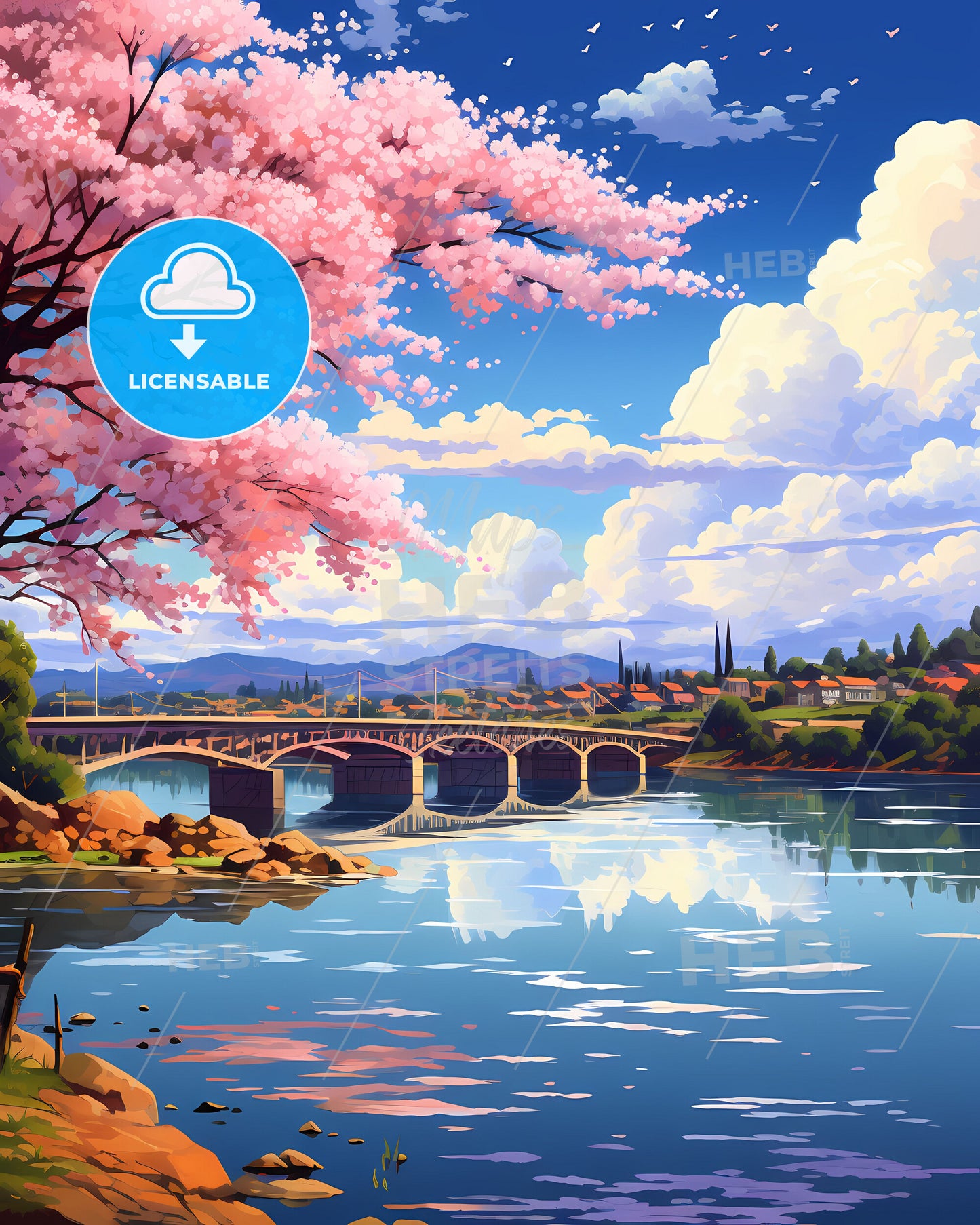 Vibrant Teresina Skyline Art: River Bridge with Pink Flowers